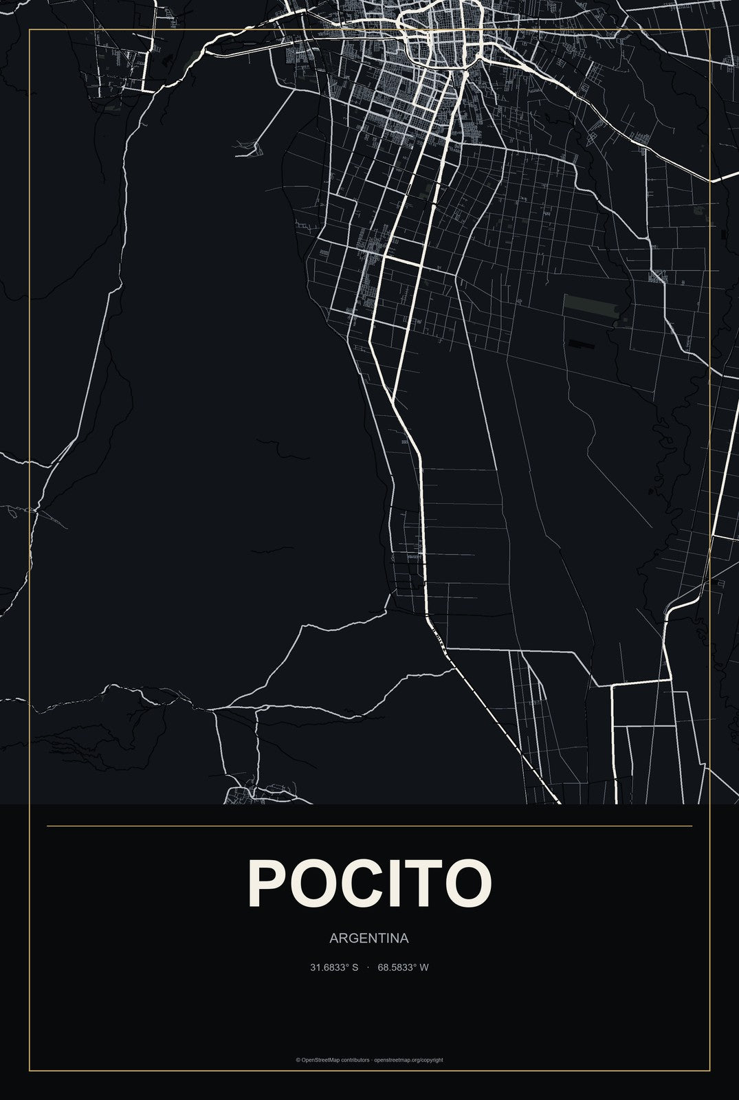 Pocito, Argentina City Map Aluminum Sign in Metropolitan Noir style