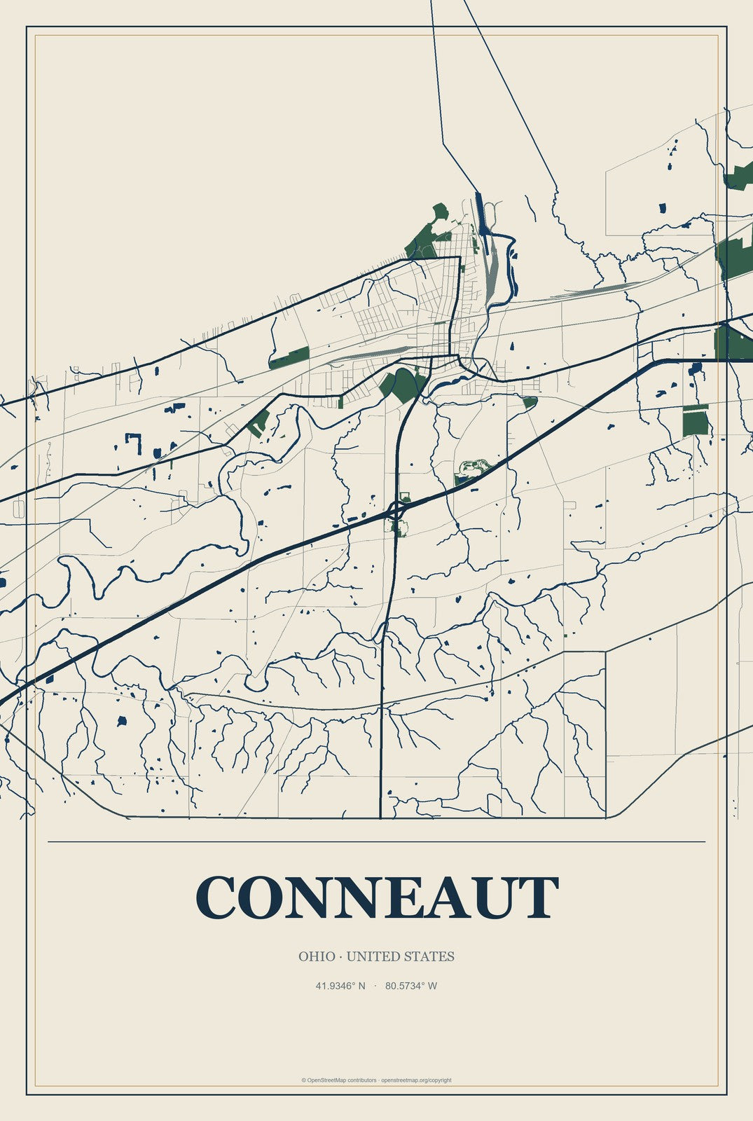 Conneaut, Ohio City Map Aluminum Sign in Coastal Cutout style