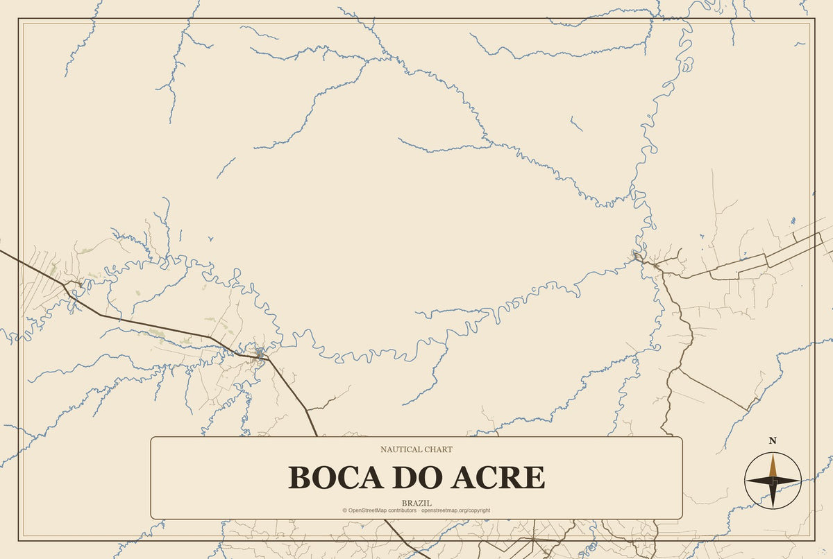 Boca do Acre, Brazil City Map Aluminum Sign in Heritage Nautical style