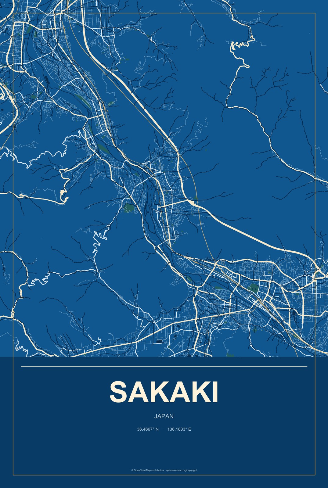 Sakaki, Japan City Map Aluminum Sign in Harbor Cobalt style