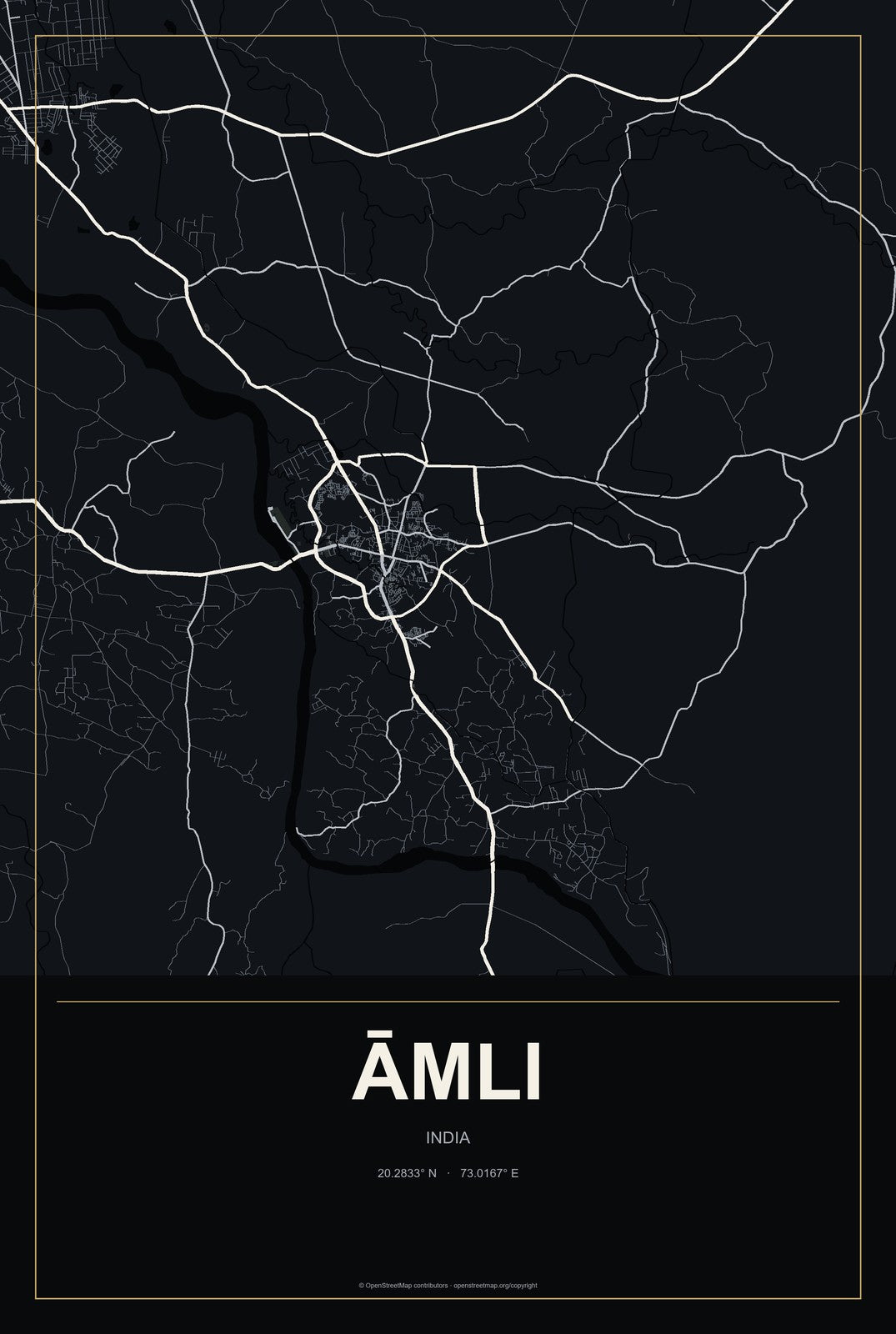 Āmli, India City Map Aluminum Sign in Metropolitan Noir style
