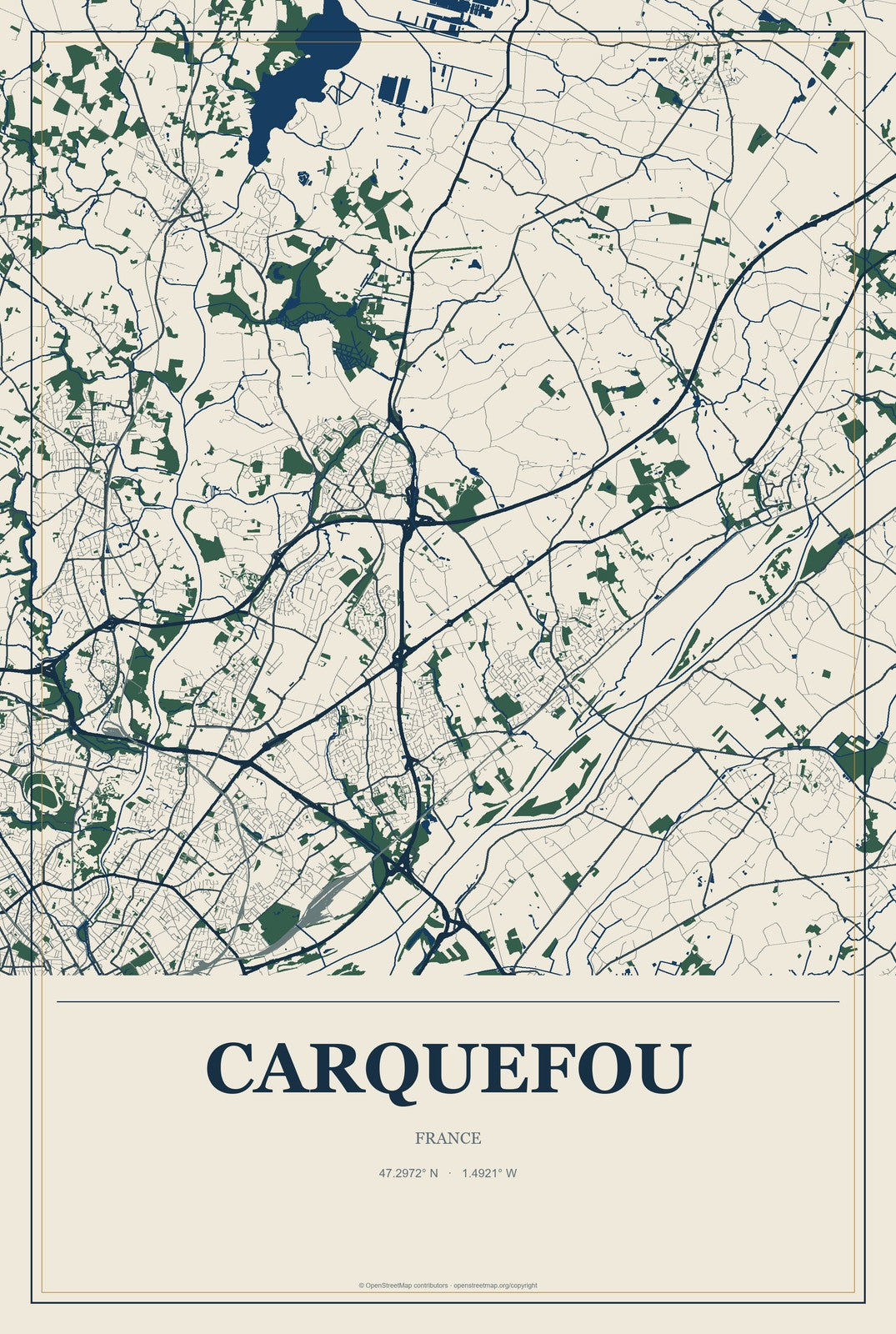Carquefou, France City Map Aluminum Sign in Coastal Cutout style