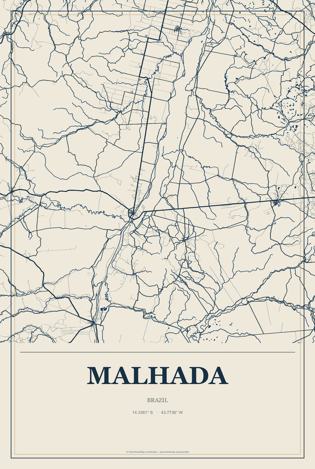 Malhada, Brazil City Map Aluminum Sign in Coastal Cutout style