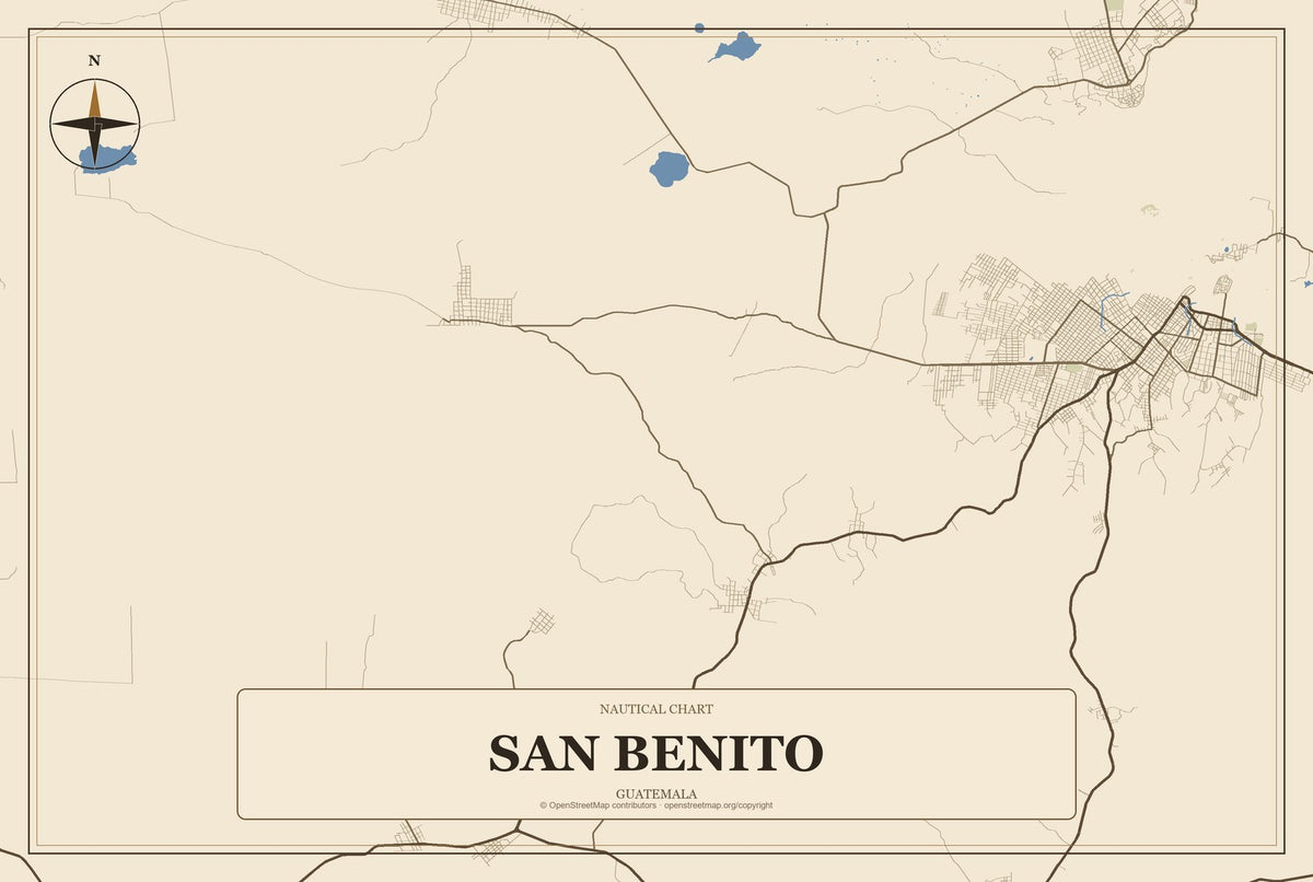 San Benito, Guatemala City Map Aluminum Sign in Heritage Nautical style