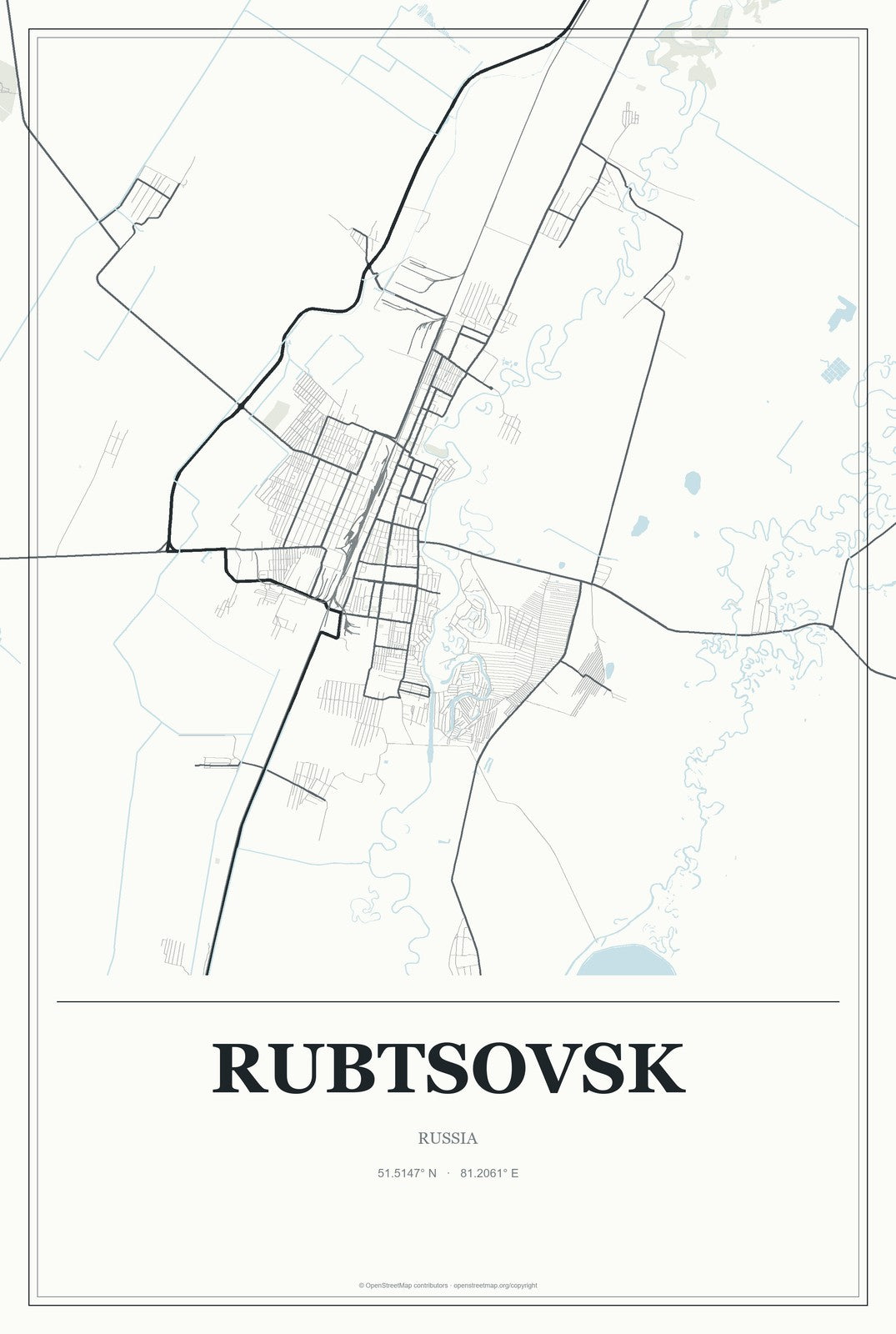 Rubtsovsk, Russia City Map Aluminum Sign in Gallery Air style