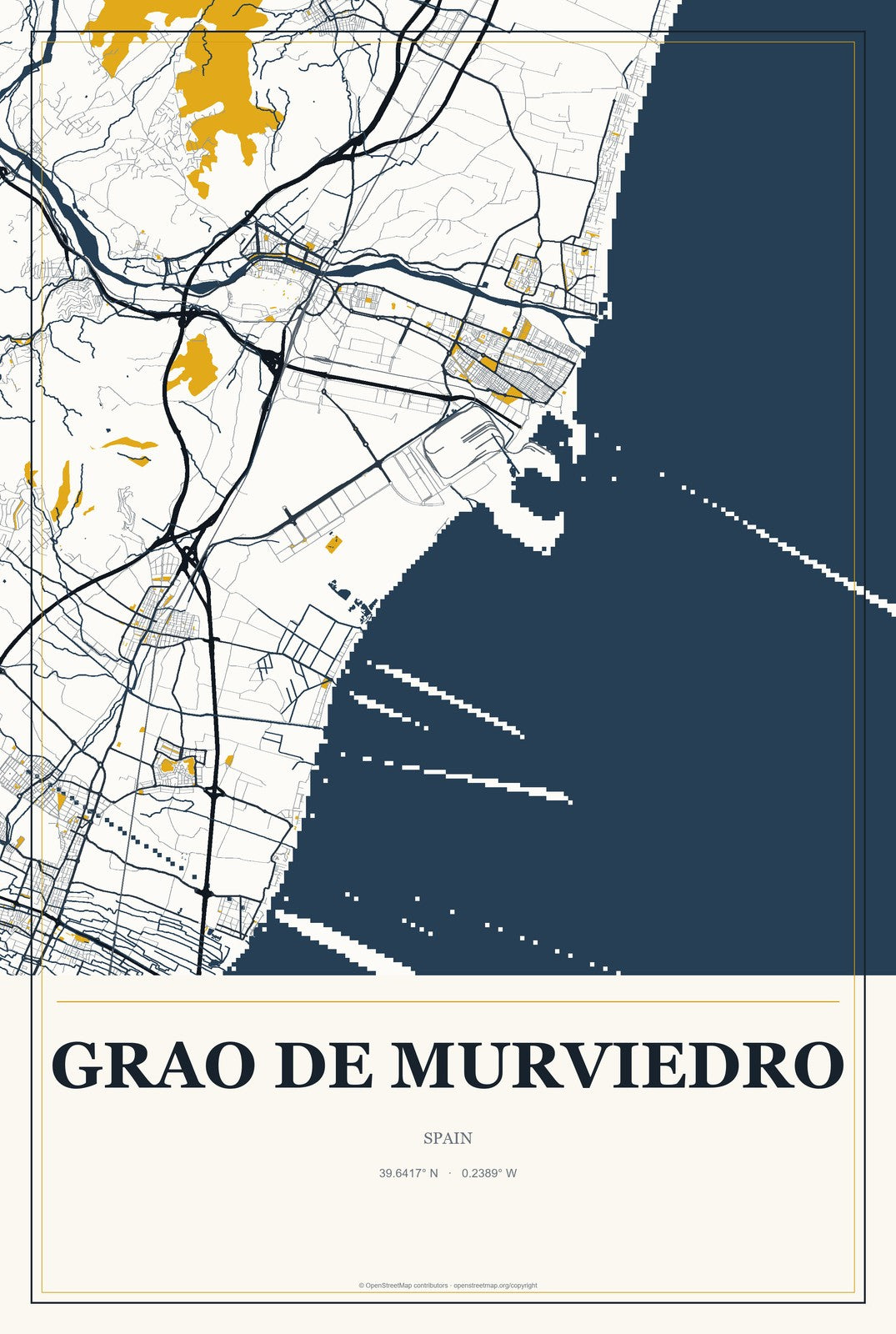 Grao de Murviedro, Spain City Map Aluminum Sign in Citrine Modern style
