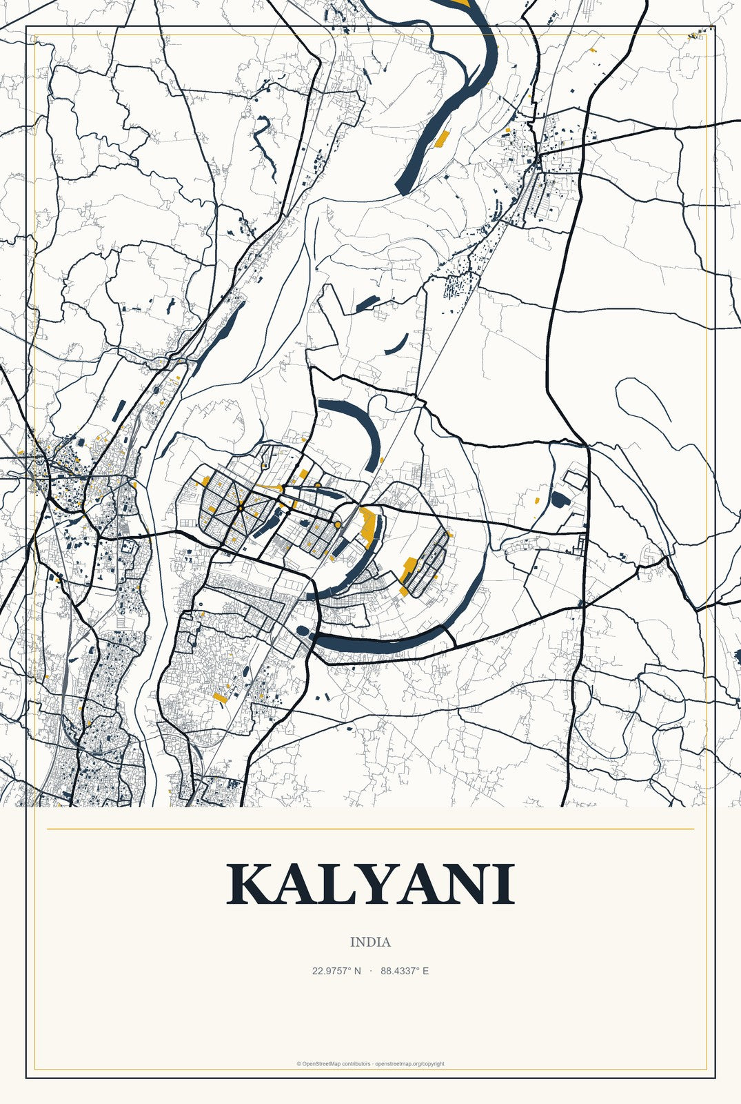 Kalyani, India City Map Aluminum Sign in Citrine Modern style