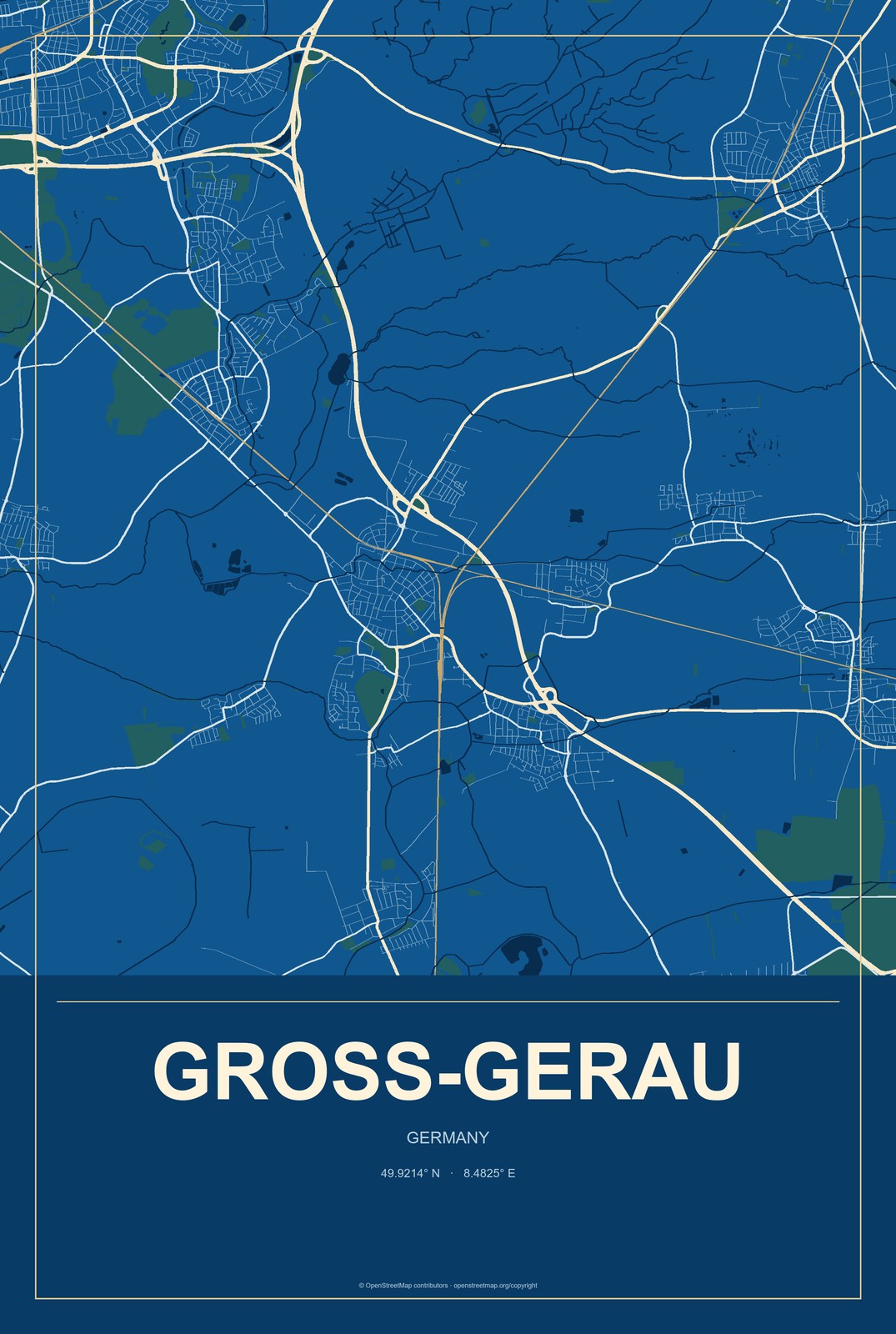 Groß-Gerau, Germany City Map Aluminum Sign in Harbor Cobalt style