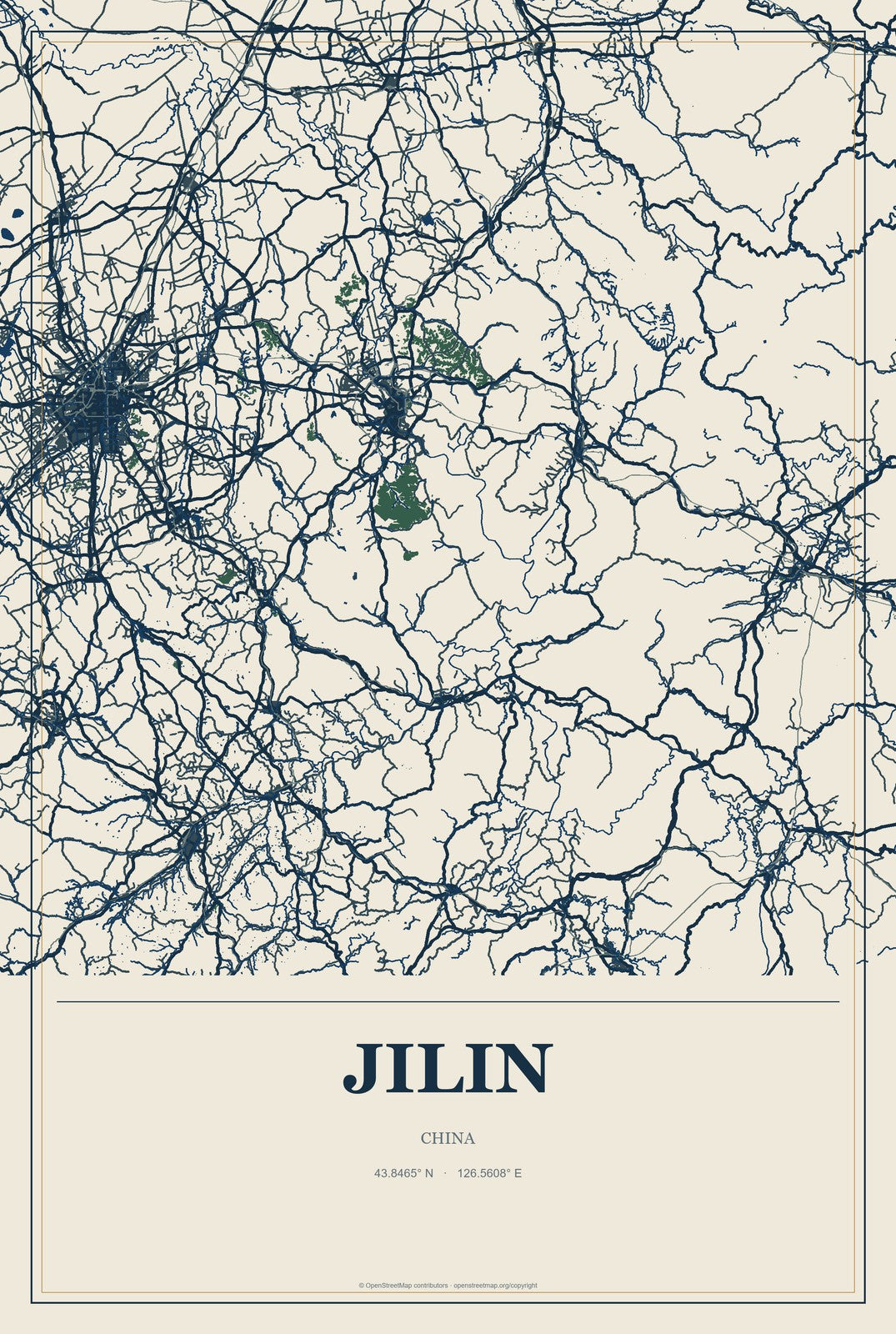 Jilin, China City Map Aluminum Sign in Coastal Cutout style