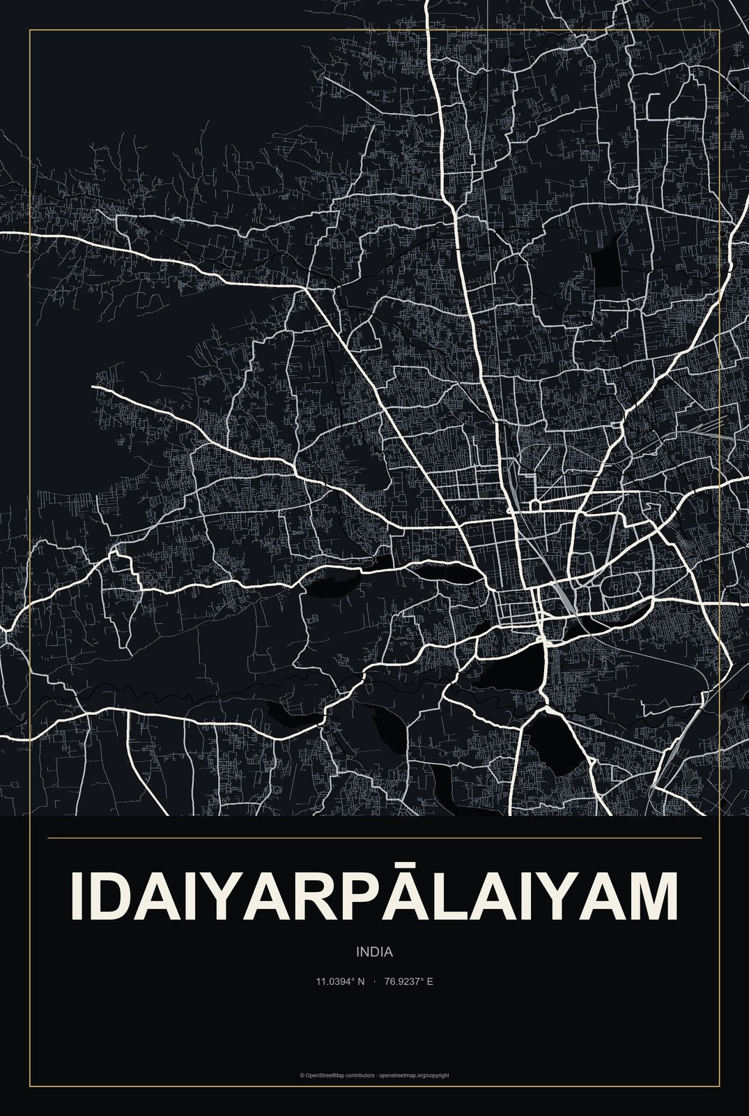 Idaiyarpālaiyam, India City Map Aluminum Sign in Metropolitan Noir style