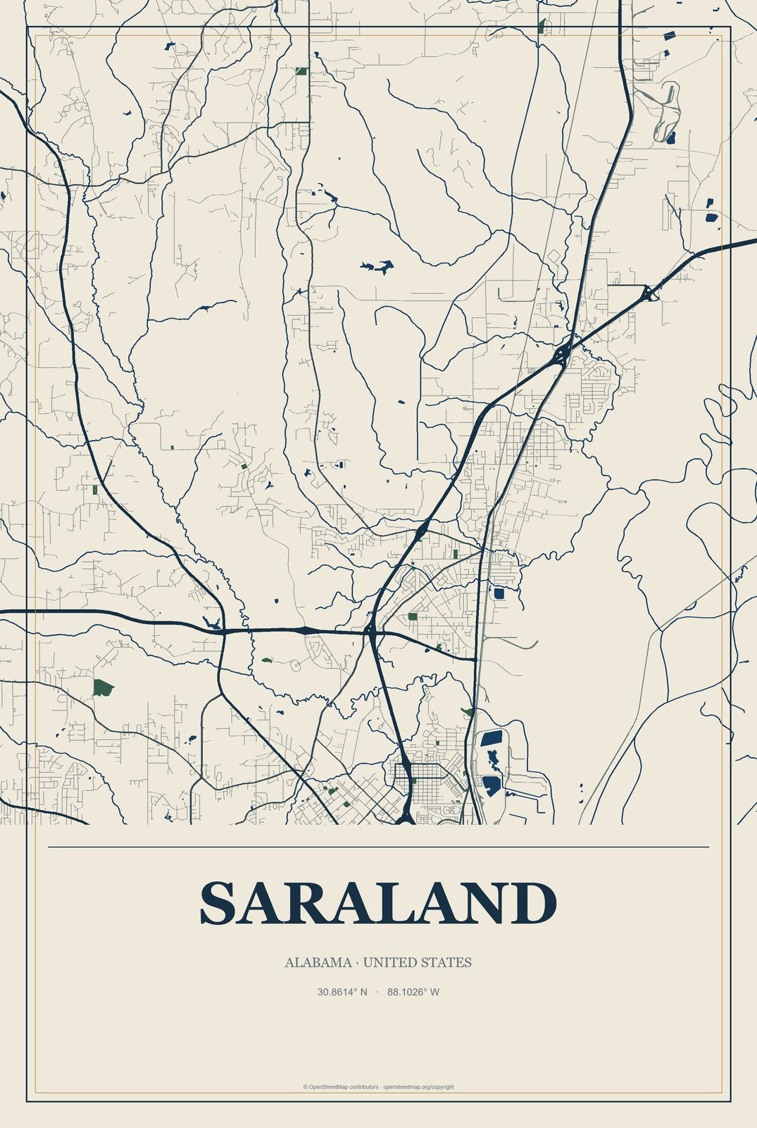 Saraland, Alabama City Map Aluminum Sign in Coastal Cutout style