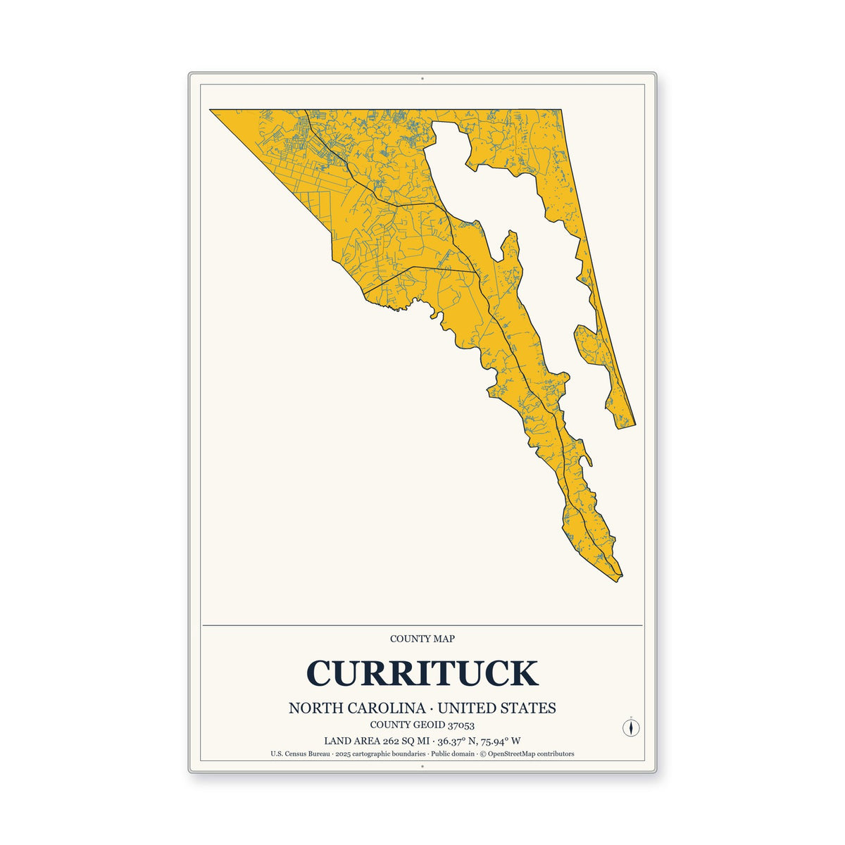 Currituck County, North Carolina Map Aluminum Sign in Citrine Modern style
