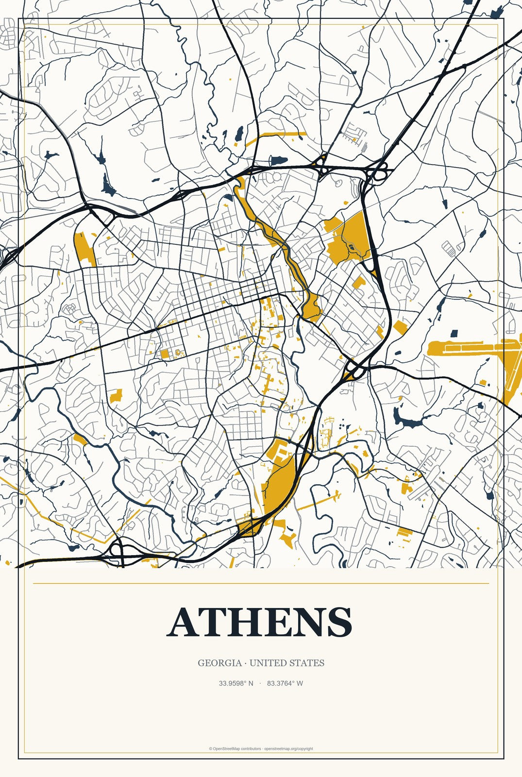 Athens, Georgia City Map Aluminum Sign in Citrine Modern style
