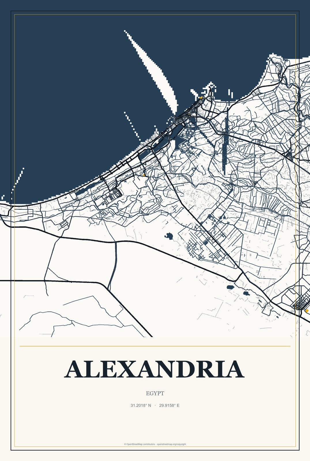 Alexandria, Egypt City Map Aluminum Sign in Citrine Modern style