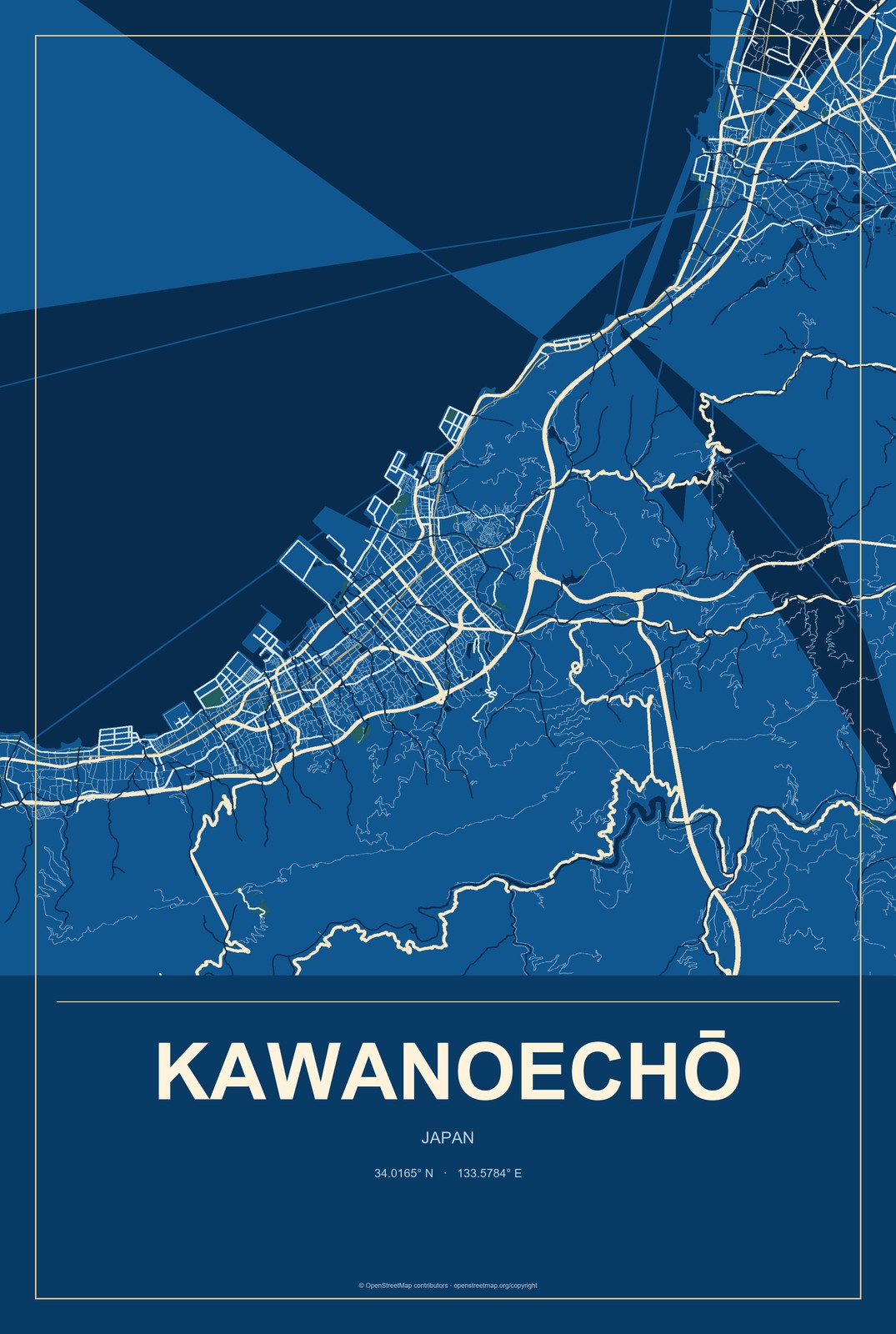 Kawanoechō, Japan City Map Aluminum Sign in Harbor Cobalt style