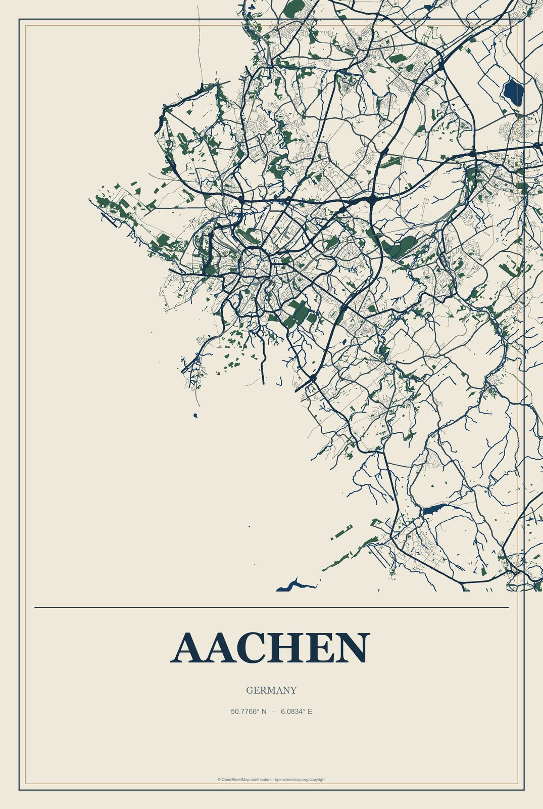 Aachen, Germany City Map Aluminum Sign in Coastal Cutout style