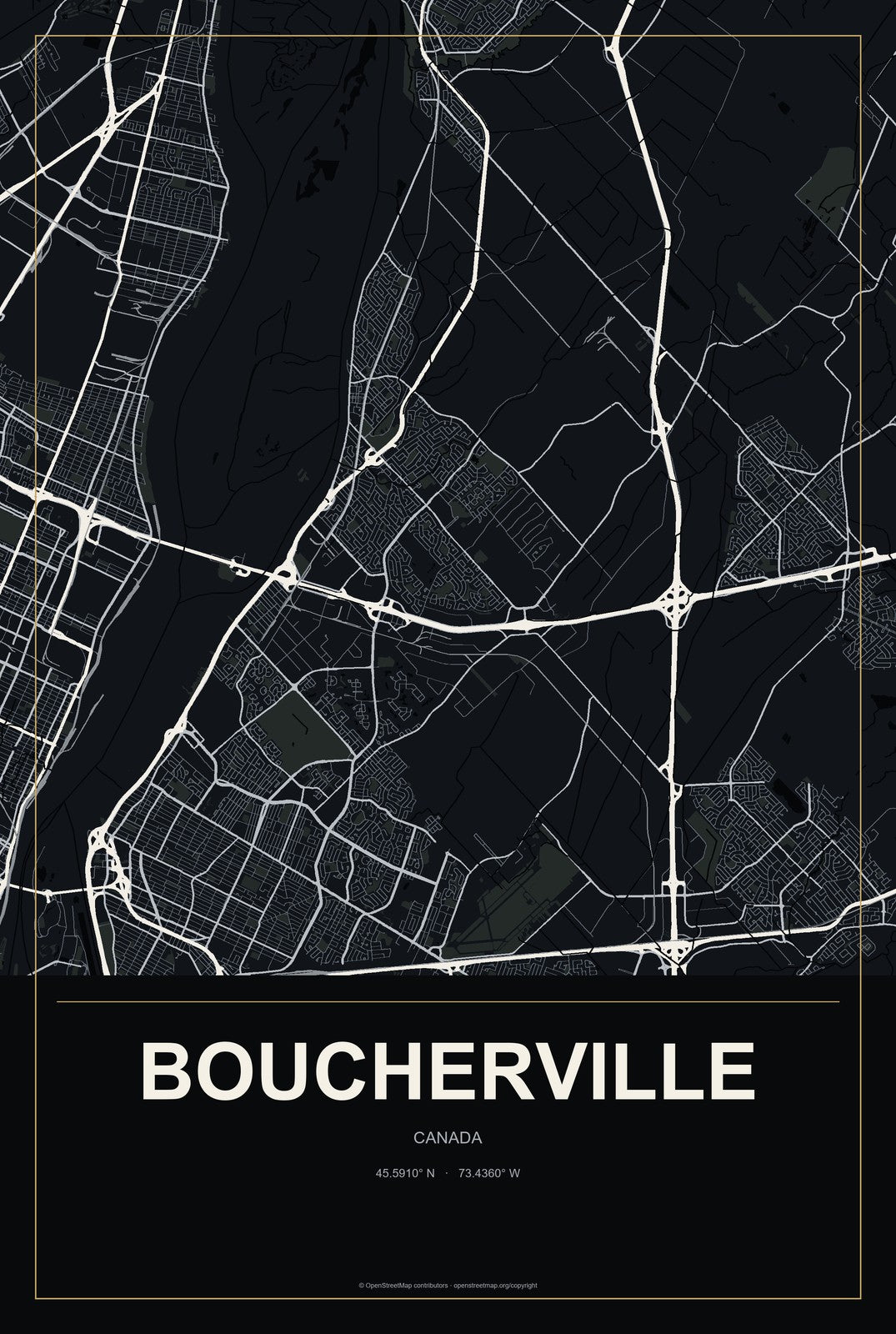Boucherville, Canada City Map Aluminum Sign in Metropolitan Noir style