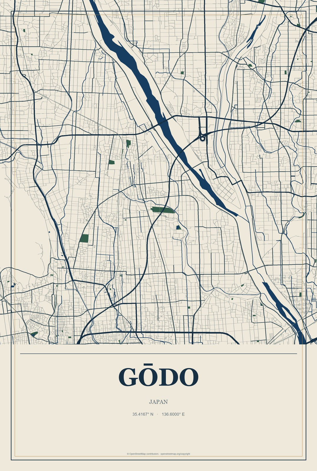 Gōdo, Japan City Map Aluminum Sign in Coastal Cutout style