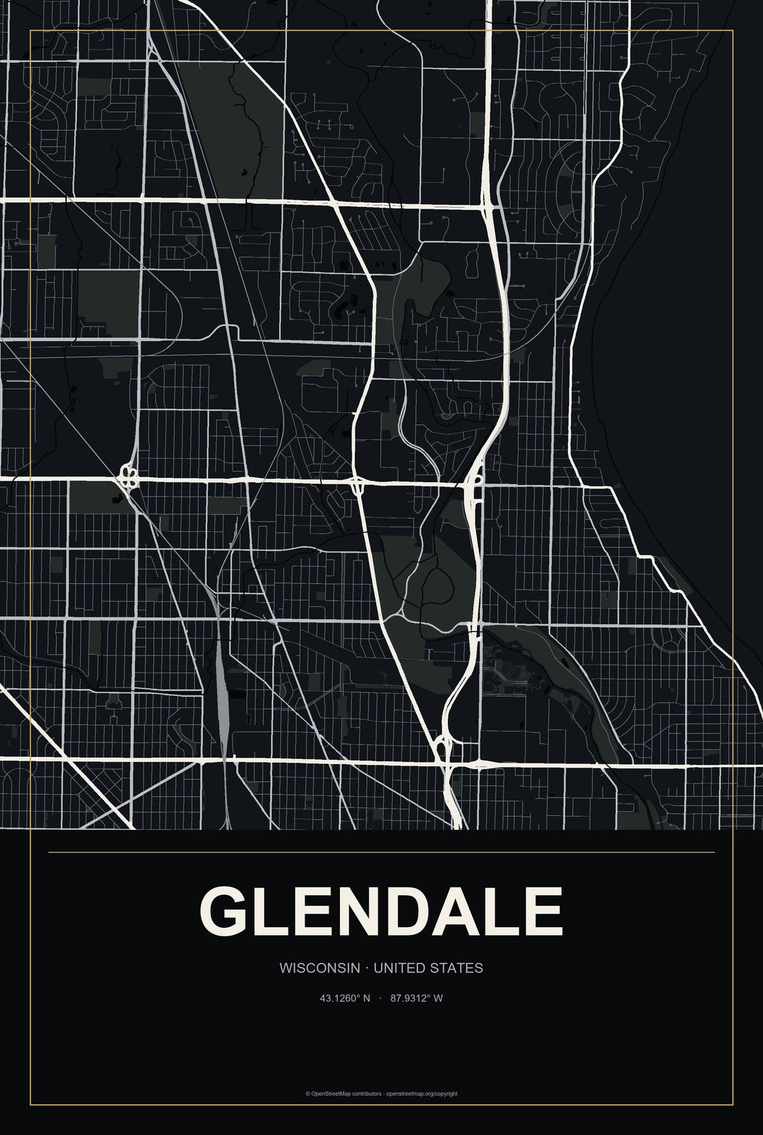 Glendale, Wisconsin City Map Aluminum Sign in Metropolitan Noir style