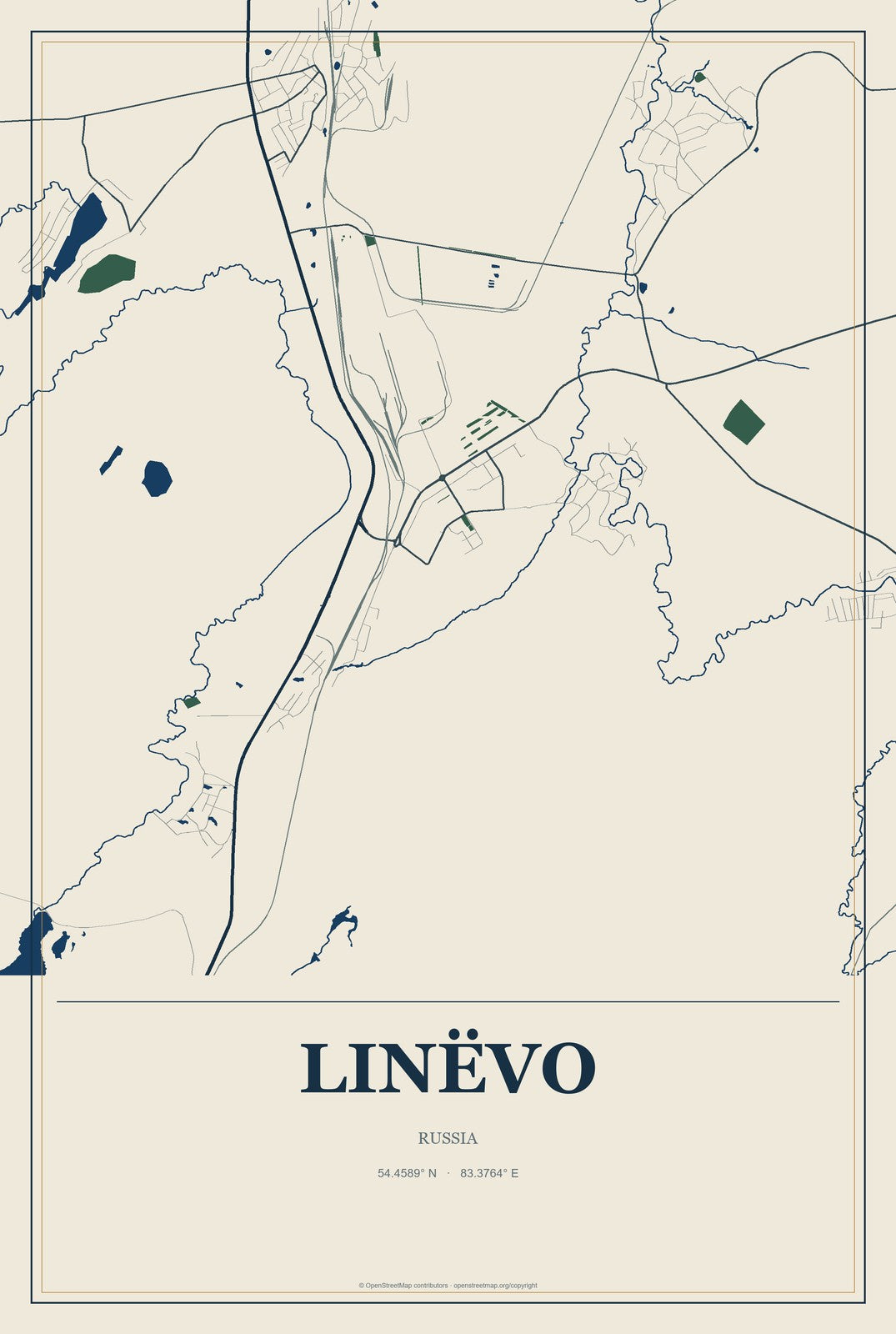 Linëvo, Russia City Map Aluminum Sign in Coastal Cutout style