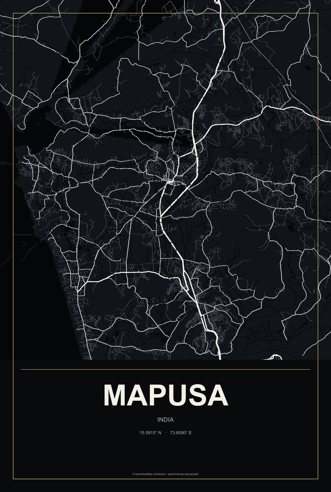 Mapusa, India City Map Aluminum Sign in Metropolitan Noir style