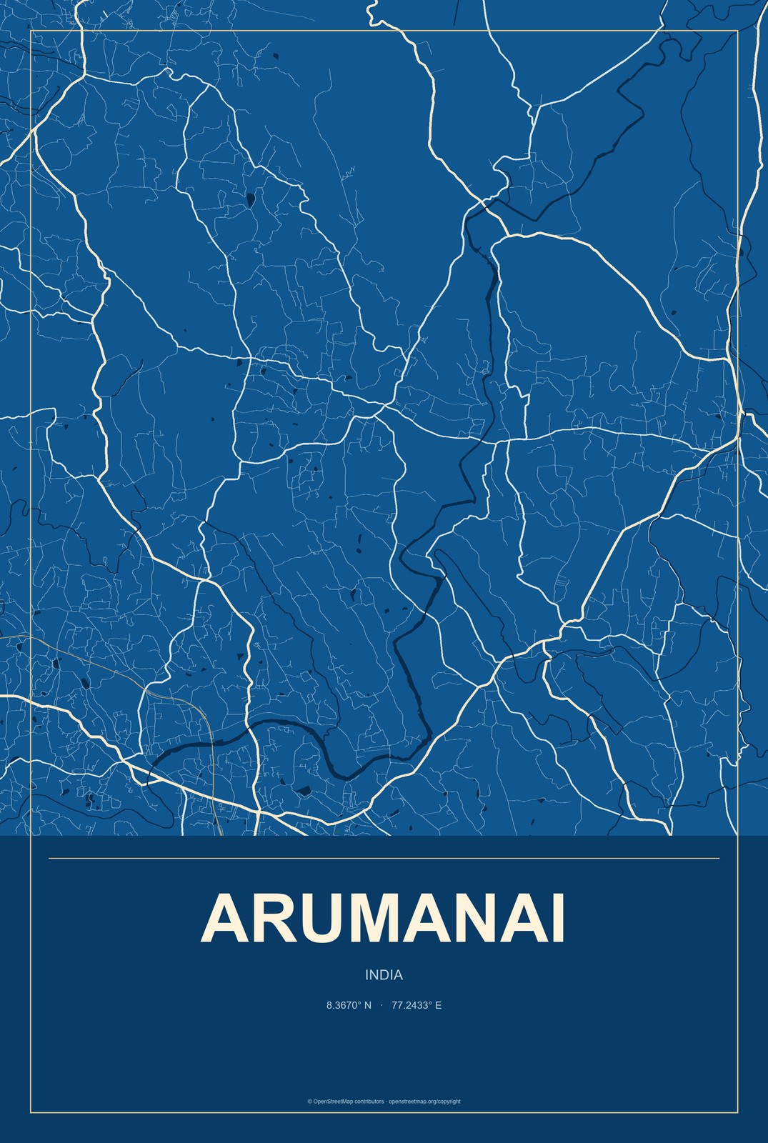 Arumanai, India City Map Aluminum Sign in Harbor Cobalt style