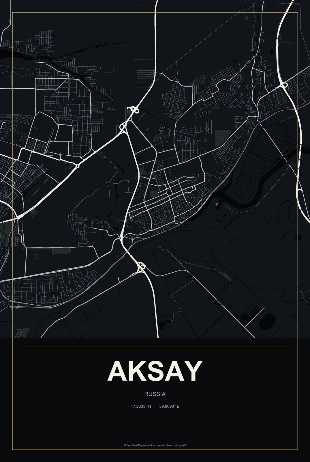 Aksay, Russia City Map Aluminum Sign in Metropolitan Noir style