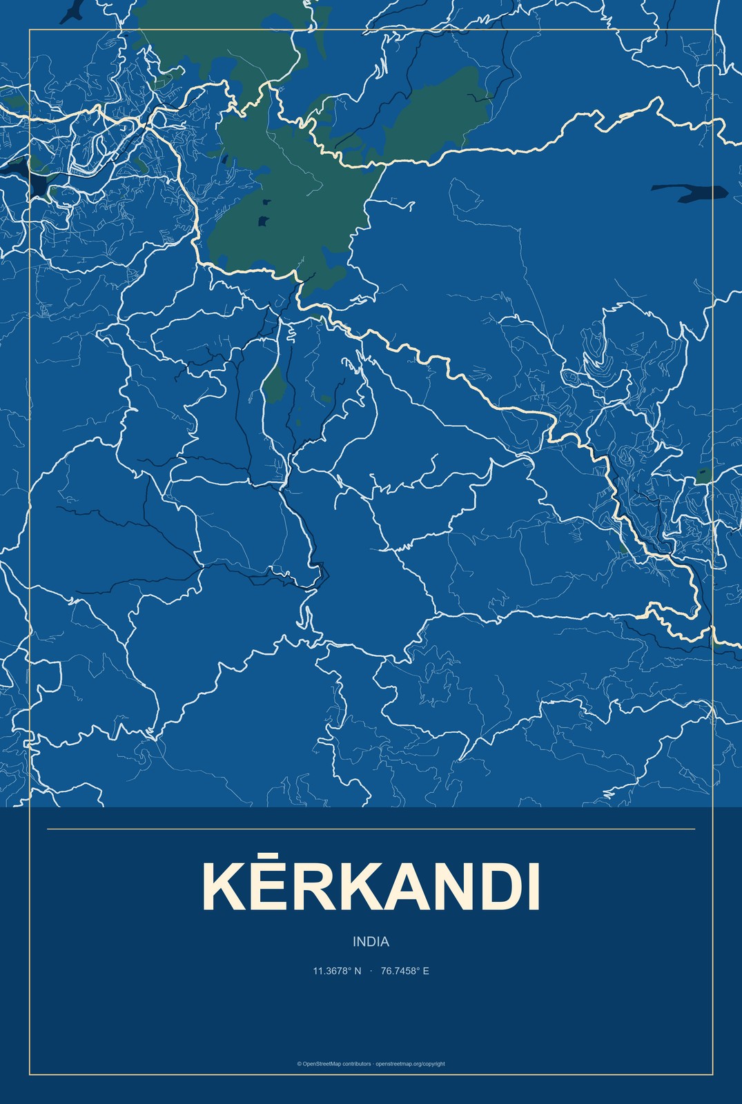 Kērkandi, India City Map Aluminum Sign in Harbor Cobalt style