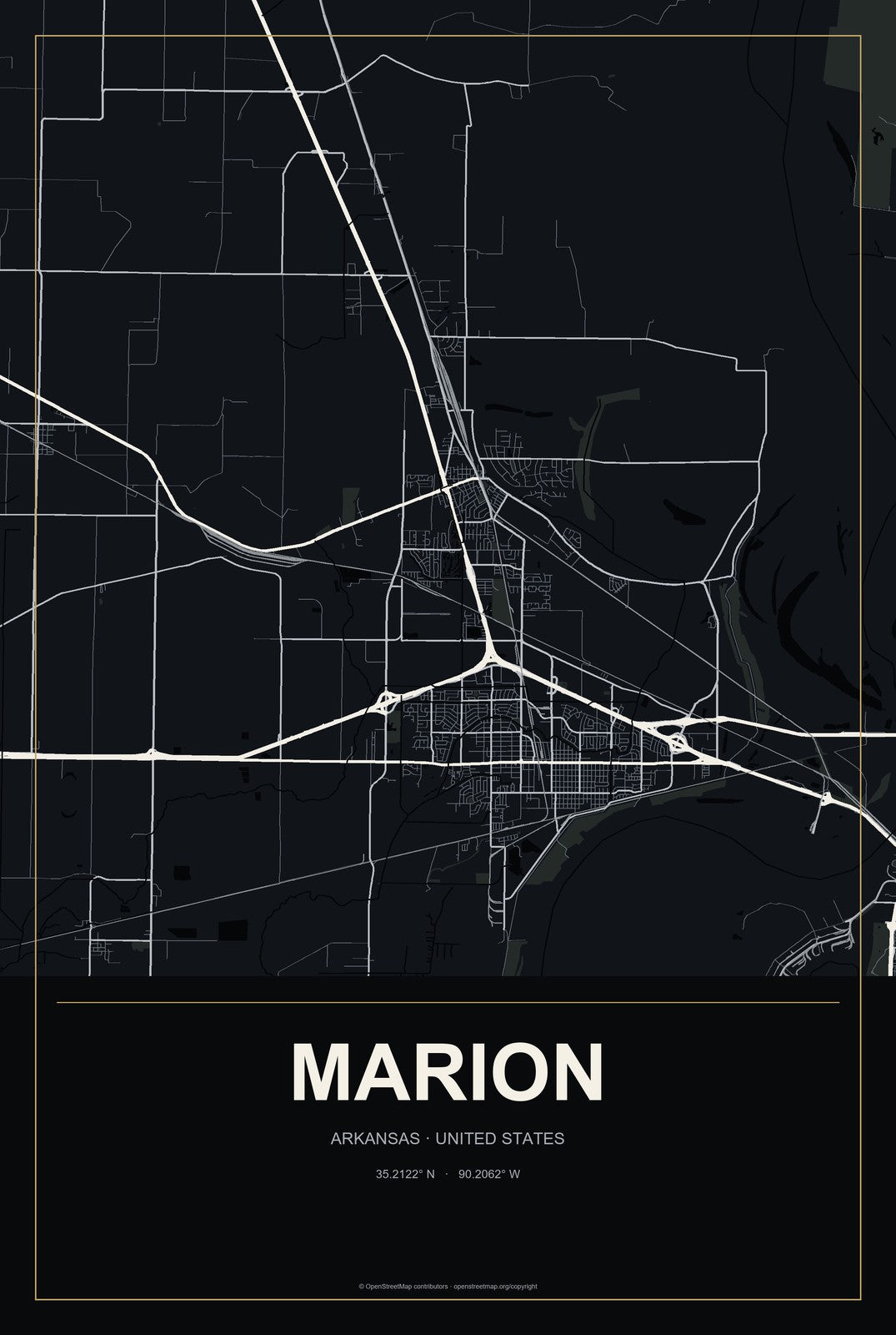 Marion, Arkansas City Map Aluminum Sign in Metropolitan Noir style