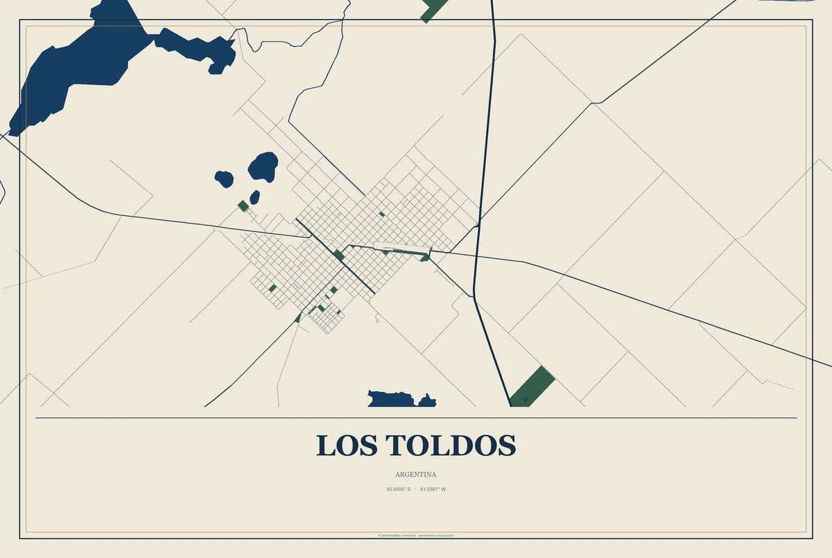 Los Toldos, Argentina City Map Aluminum Sign in Coastal Cutout style