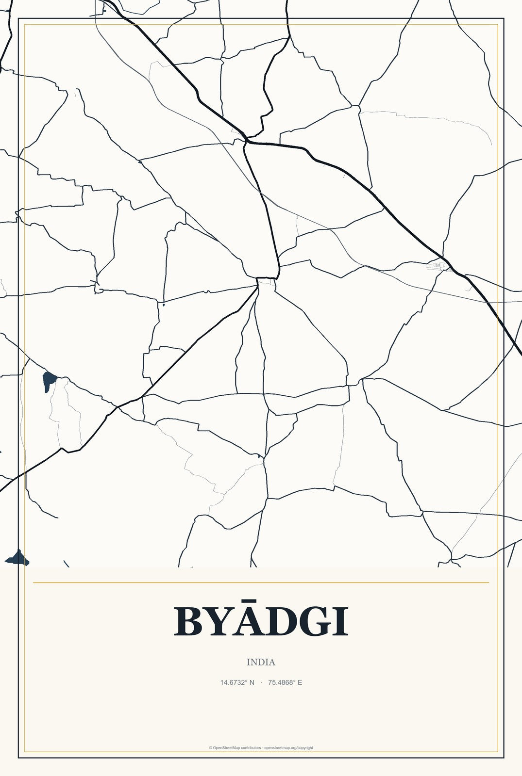 Byādgi, India City Map Aluminum Sign in Citrine Modern style