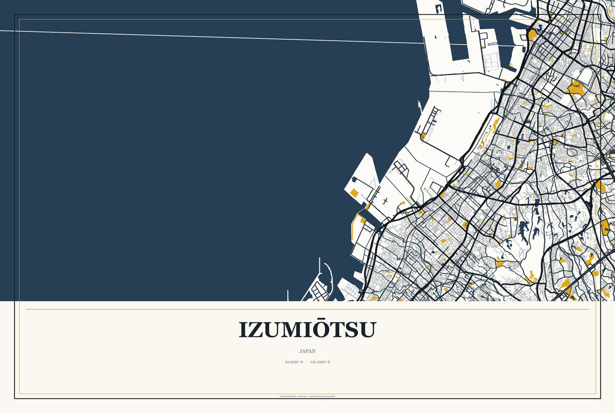 Izumiōtsu, Japan City Map Aluminum Sign in Citrine Modern style
