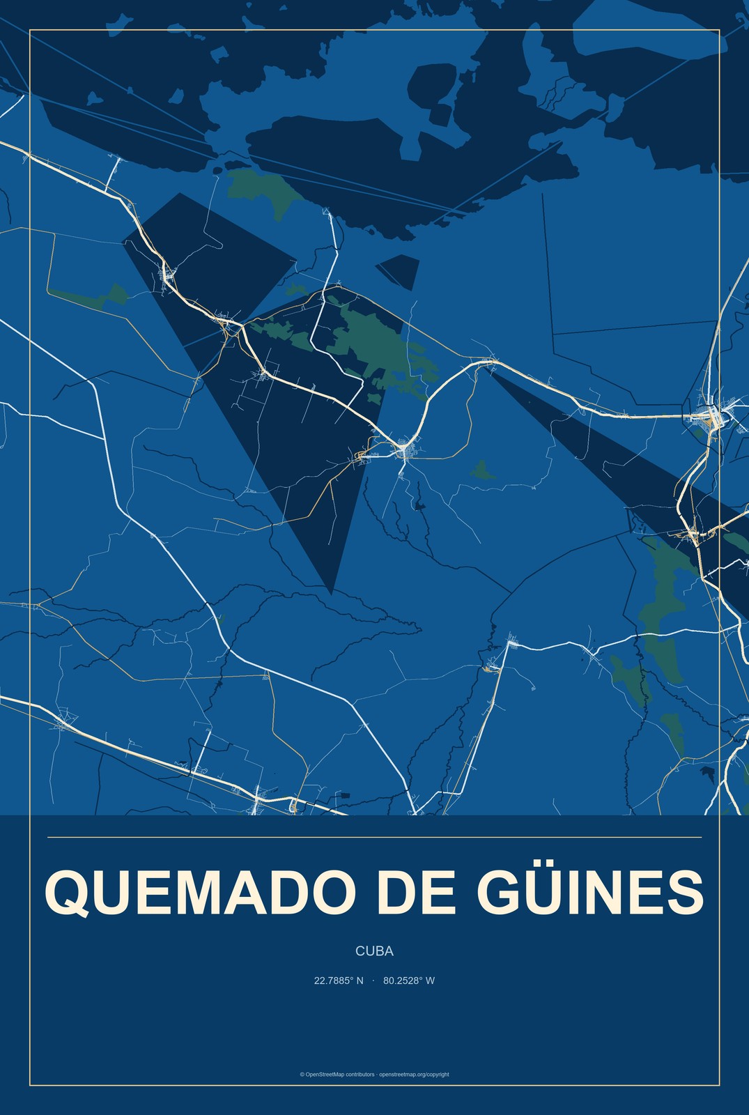 Quemado de Güines, Cuba City Map Aluminum Sign in Harbor Cobalt style