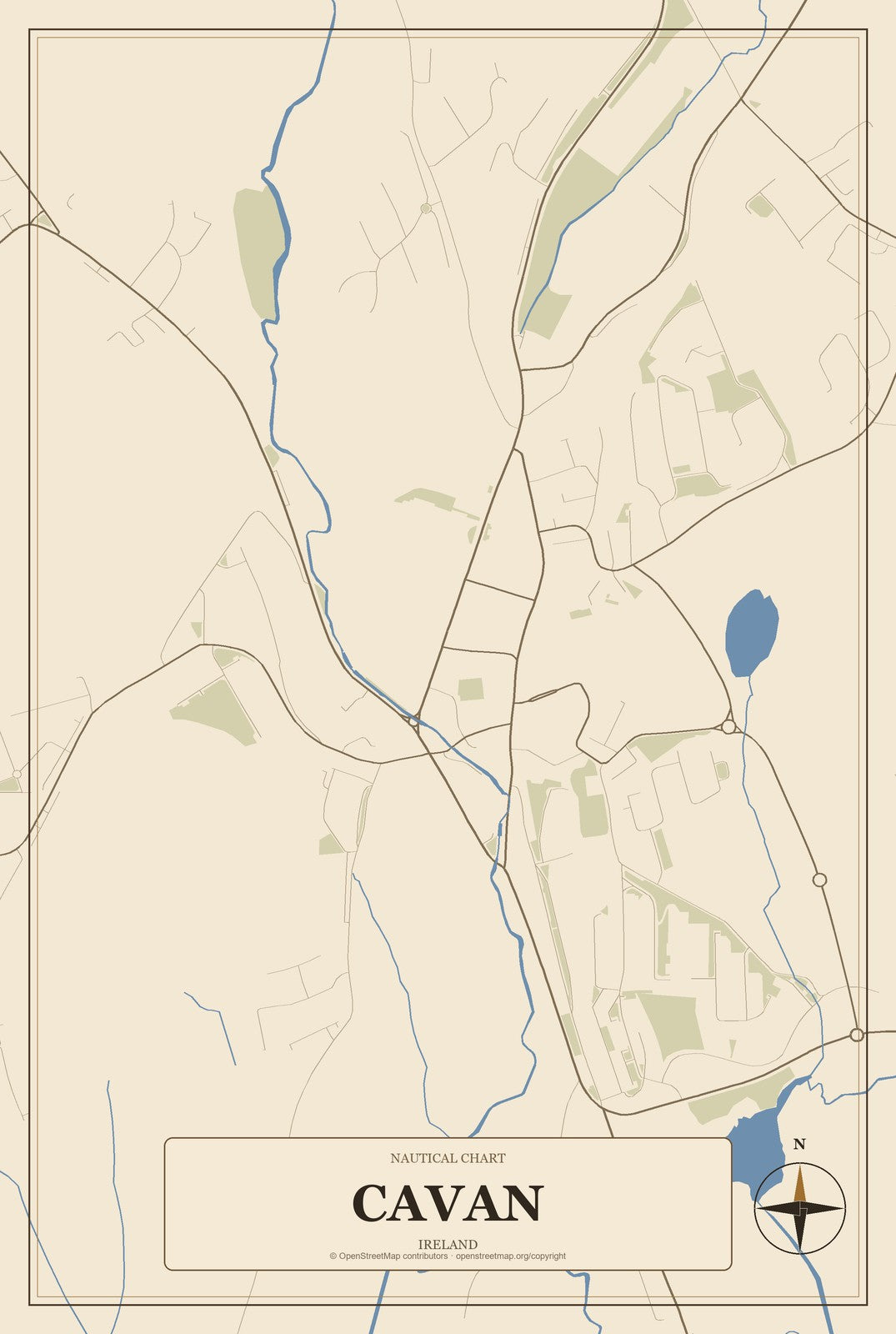 Cavan, Ireland City Map Aluminum Sign in Heritage Nautical style