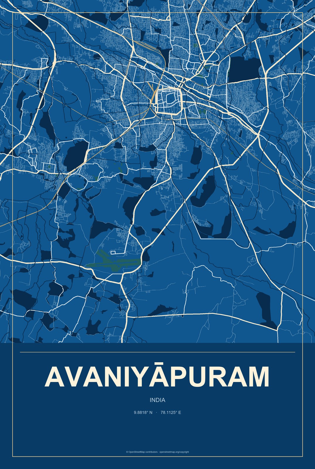 Avaniyāpuram, India City Map Aluminum Sign in Harbor Cobalt style