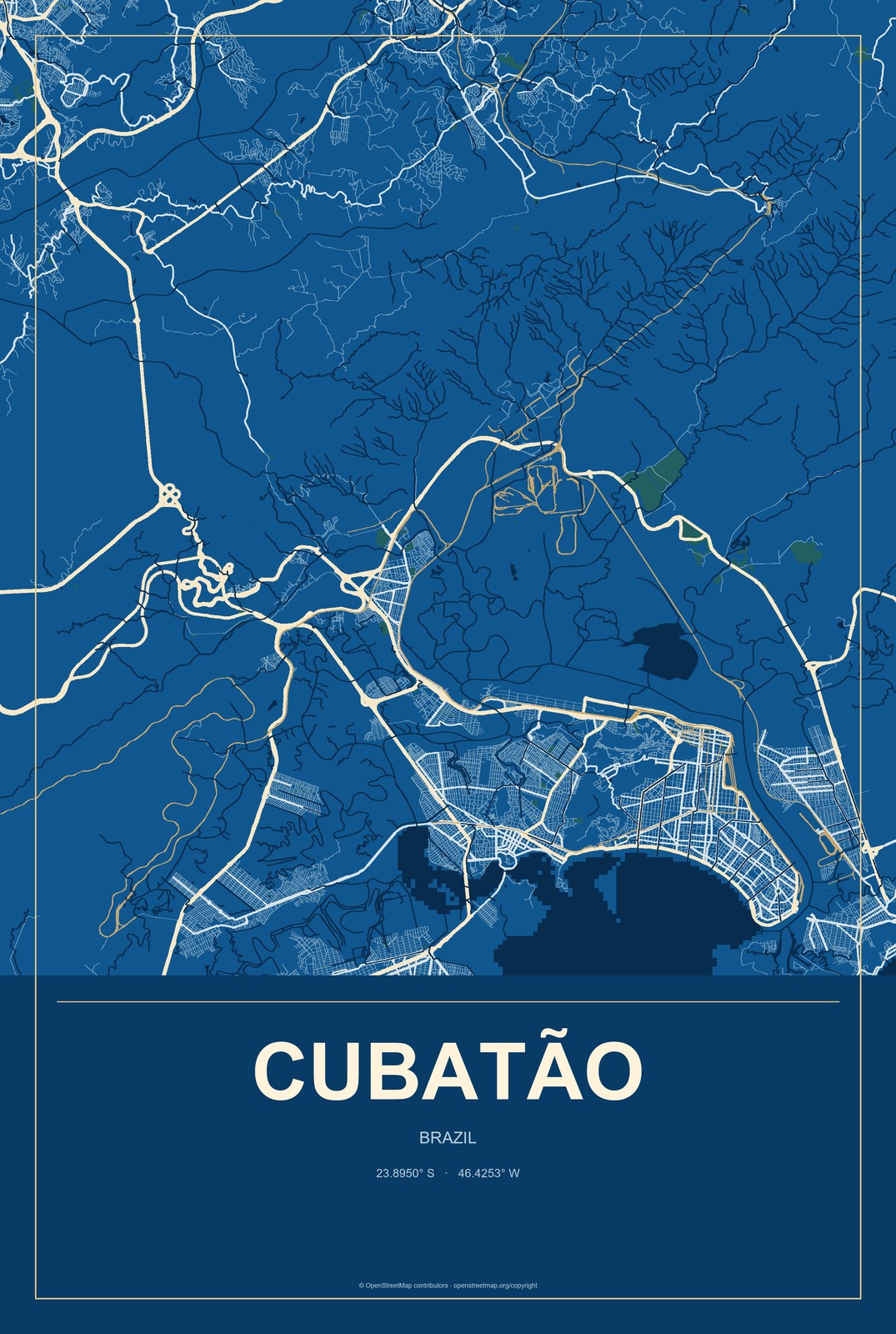 Cubatão, Brazil City Map Aluminum Sign in Harbor Cobalt style