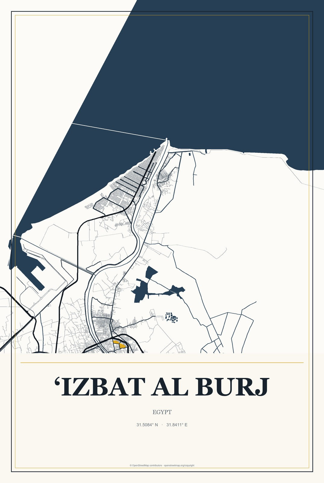 ‘Izbat al Burj, Egypt City Map Aluminum Sign in Citrine Modern style