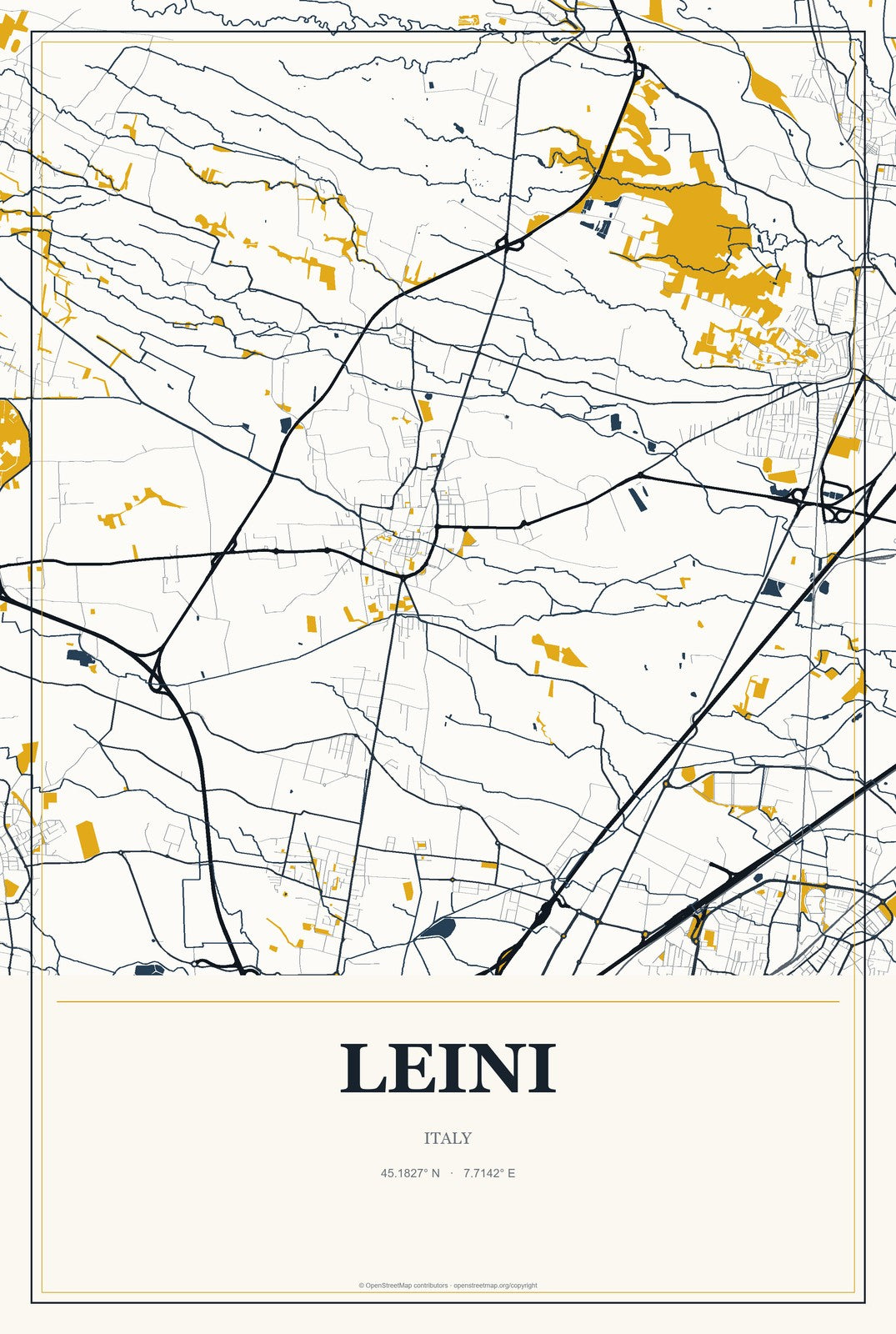 Leini, Italy City Map Aluminum Sign in Citrine Modern style