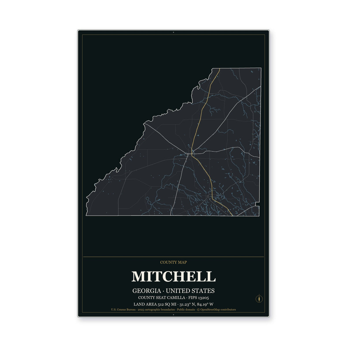 Mitchell County, Georgia Map Aluminum Sign in Metropolitan Noir style