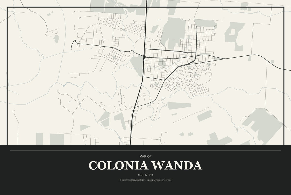 Colonia Wanda, Argentina City Map Aluminum Sign in Museum Plaque style