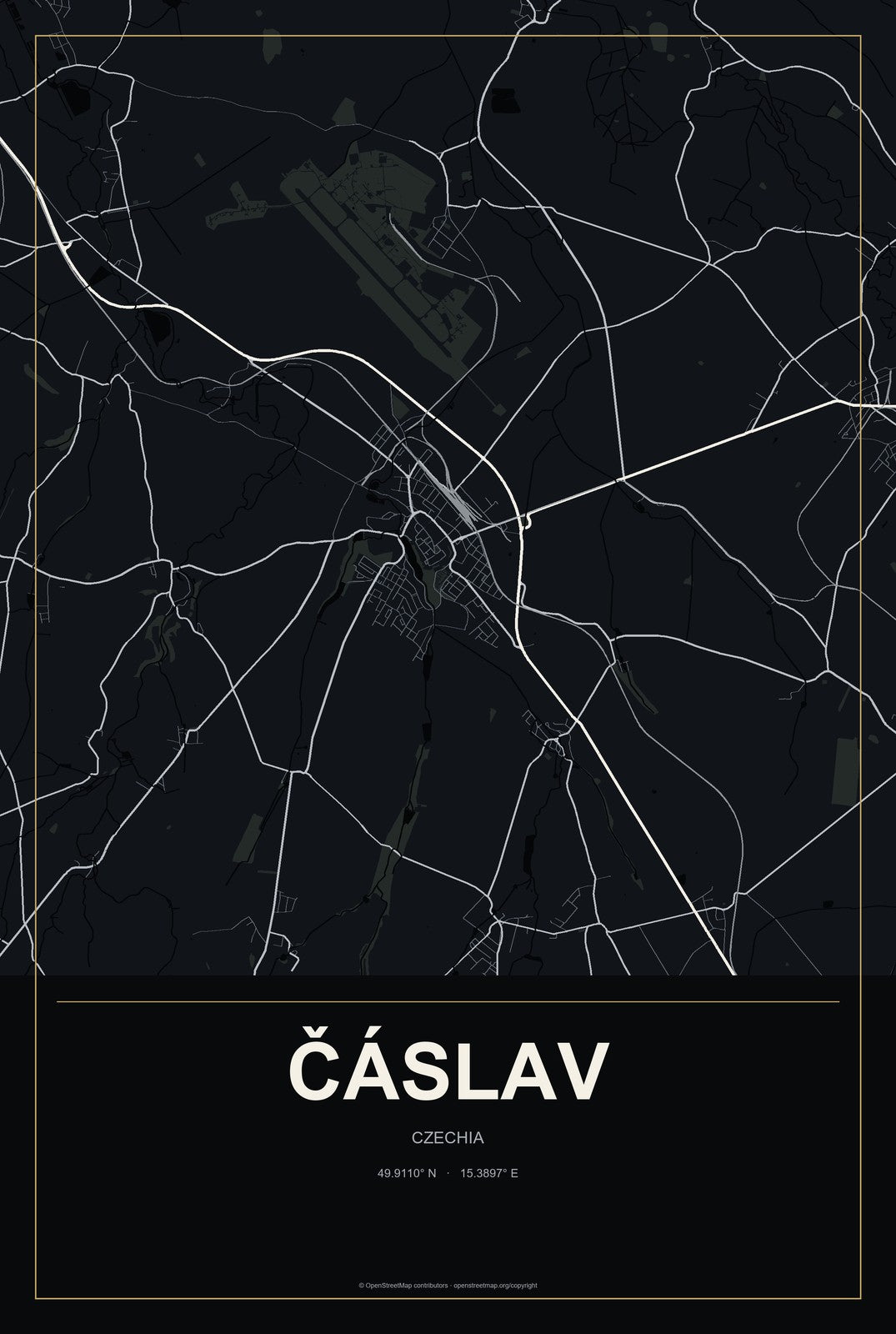 Čáslav, Czechia City Map Aluminum Sign in Metropolitan Noir style