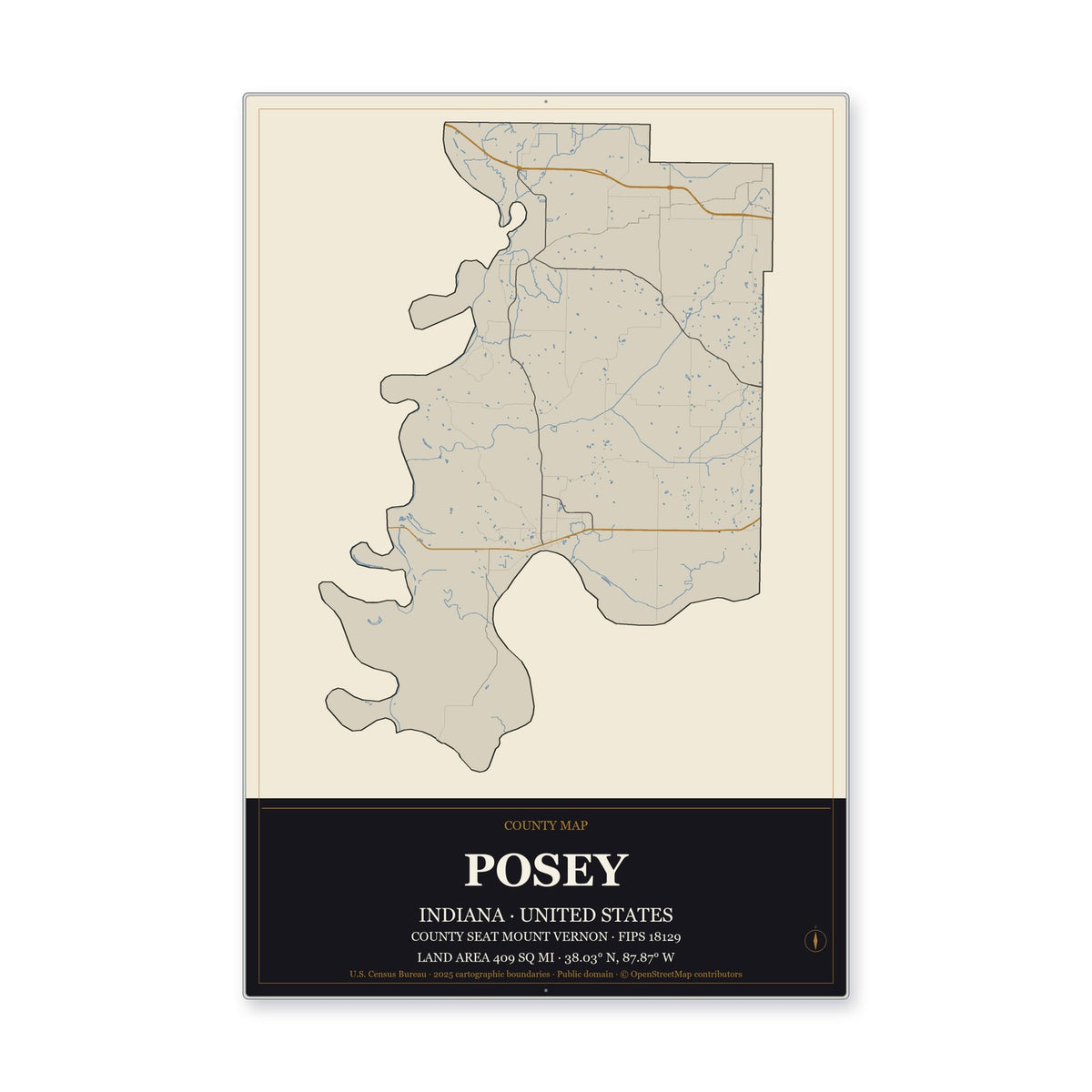 Posey County, Indiana Map Aluminum Sign in Museum Plaque style