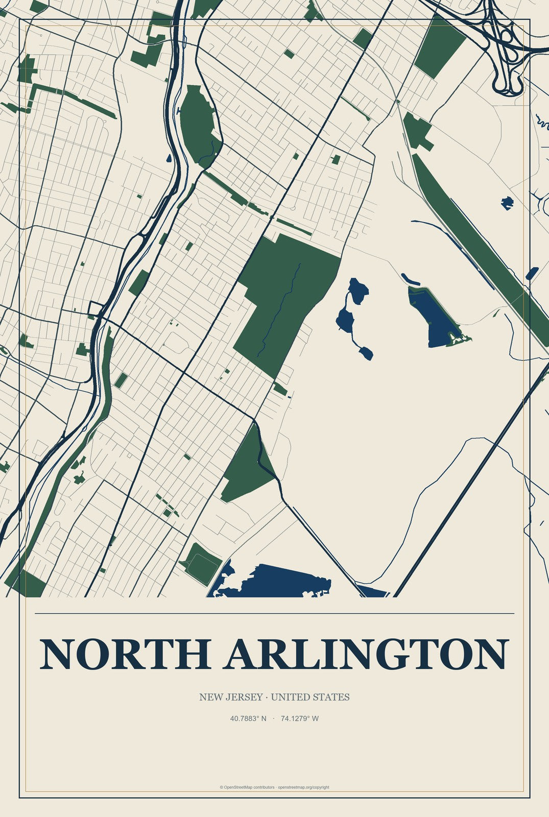 North Arlington, New Jersey City Map Aluminum Sign in Coastal Cutout style
