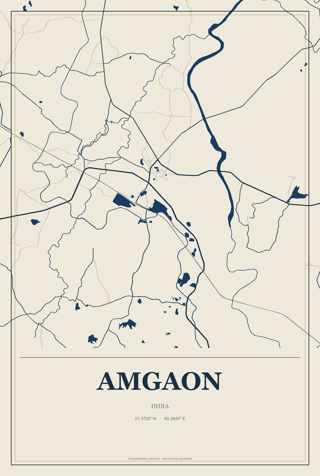 Amgaon, India City Map Aluminum Sign in Coastal Cutout style