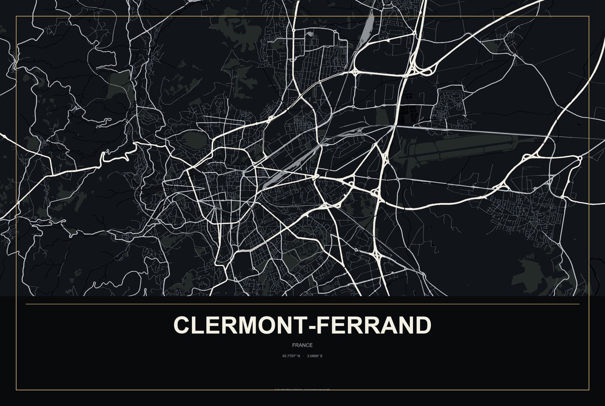 Clermont-Ferrand, France City Map Aluminum Sign in Metropolitan Noir style