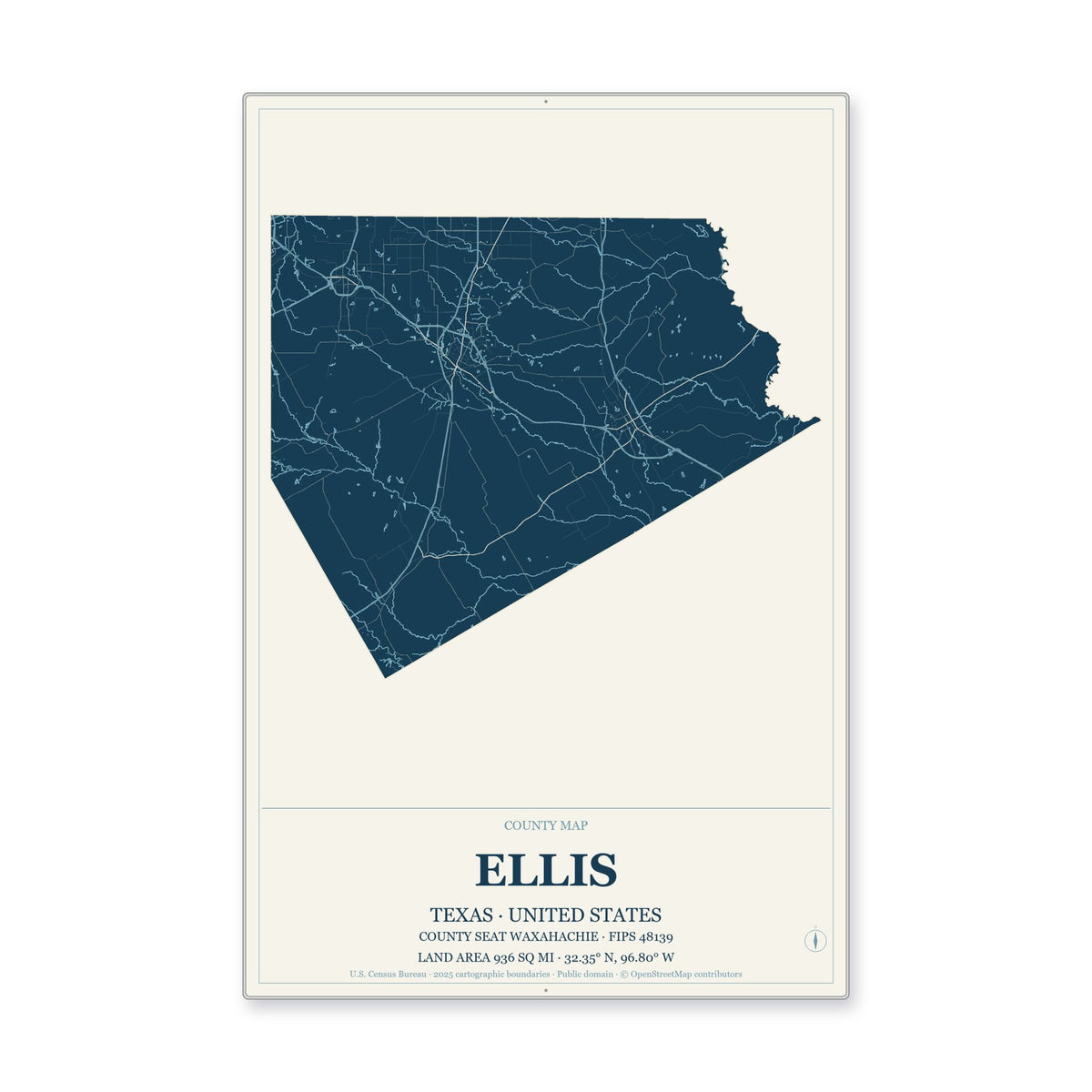 Ellis County, Texas Map Aluminum Sign in Coastal Cutout style