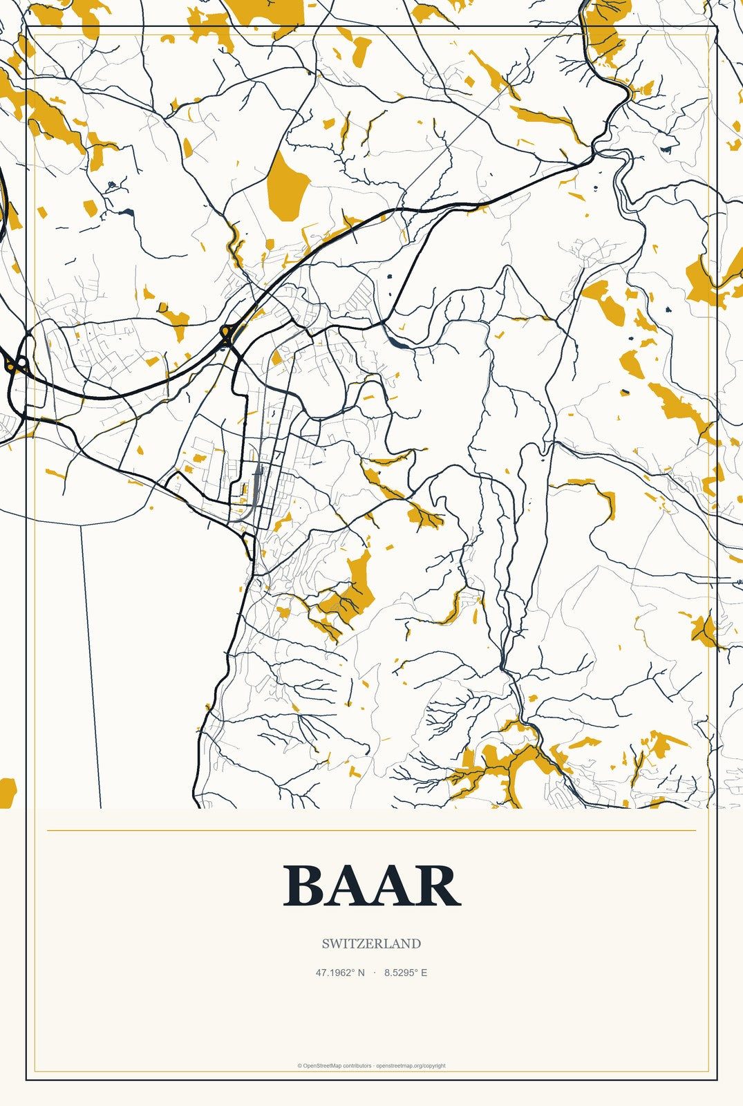 Baar, Switzerland City Map Aluminum Sign in Citrine Modern style