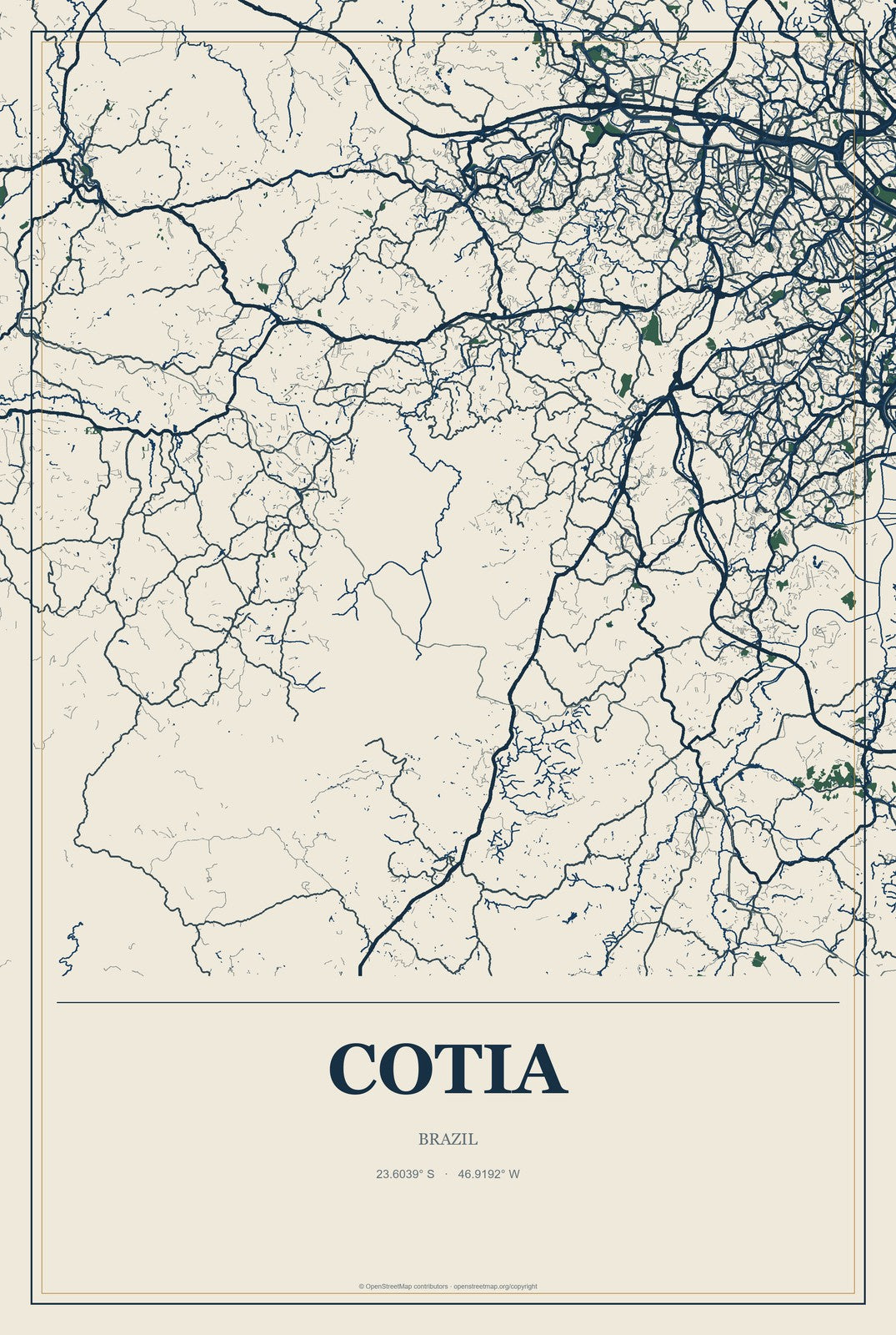 Cotia, Brazil City Map Aluminum Sign in Coastal Cutout style