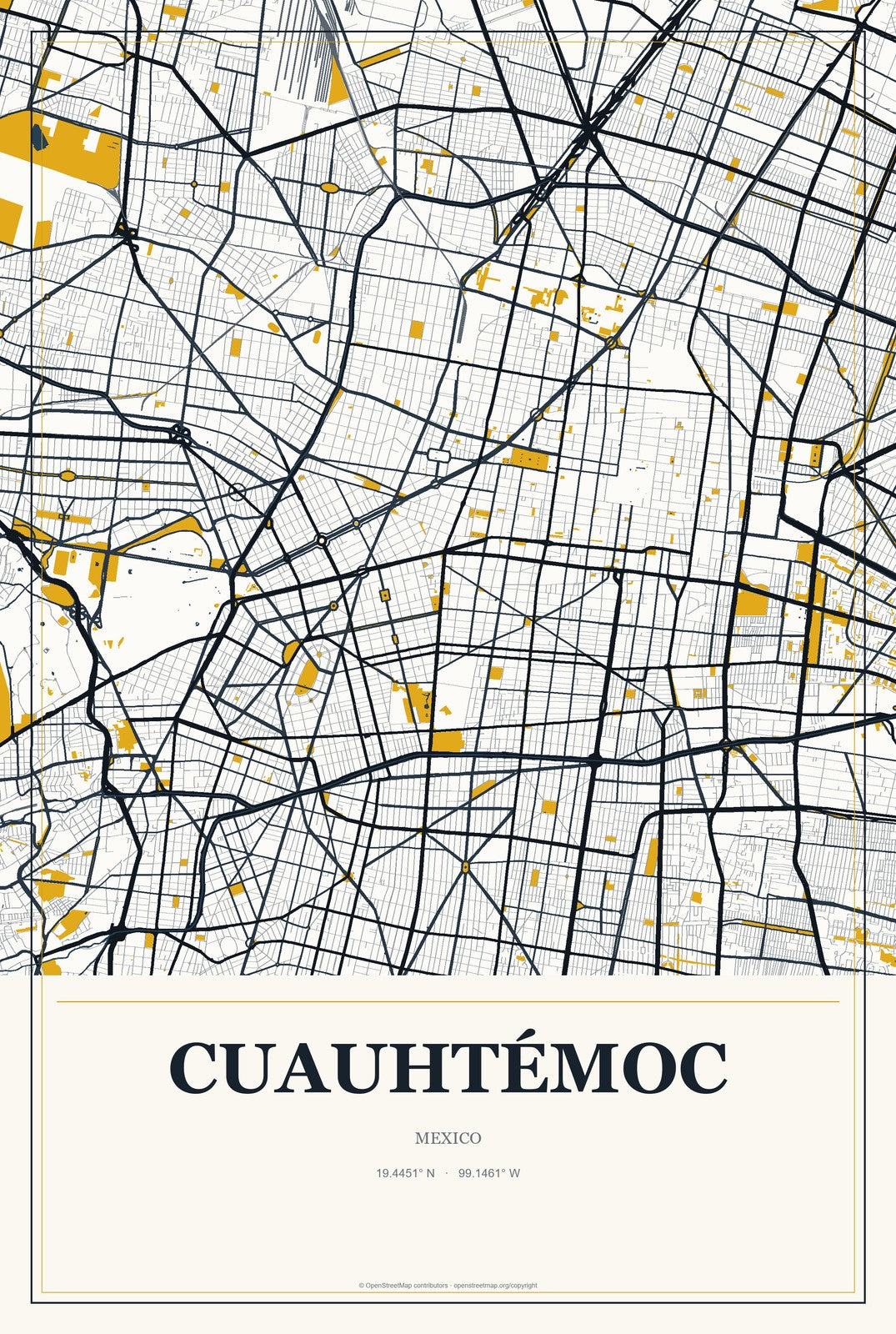 Cuauhtémoc, Mexico City, Mexico City Map Aluminum Sign in Citrine Modern style