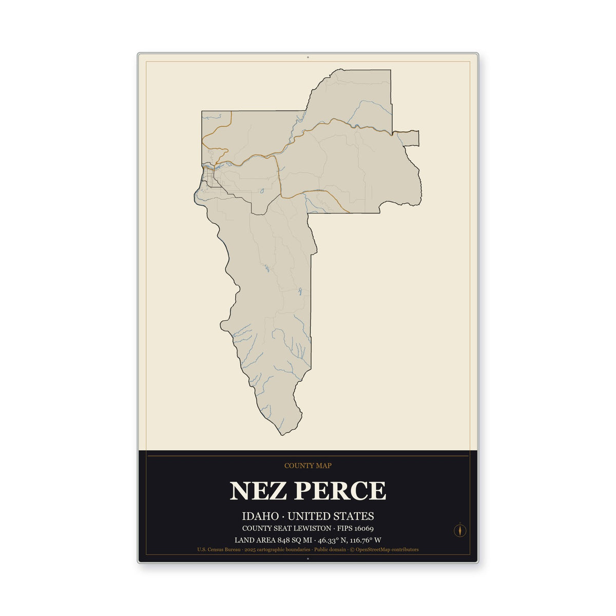 Nez Perce County, Idaho Map Aluminum Sign in Museum Plaque style